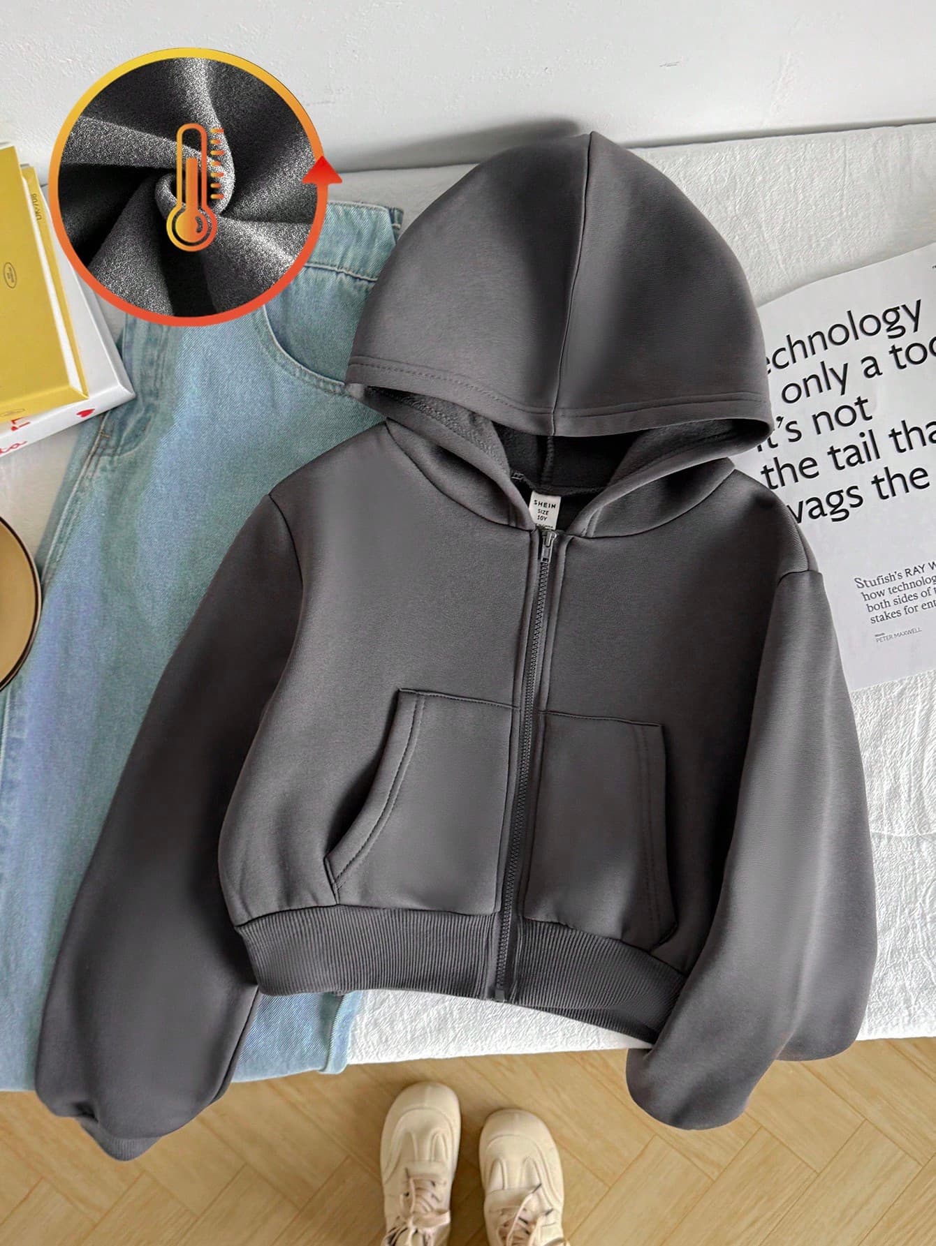 SHEIN Tween Girl Casual Comfortable Streetwear Loose Fit Hooded Zip-Up Short Sweatshirt, Back To School Fall Winter