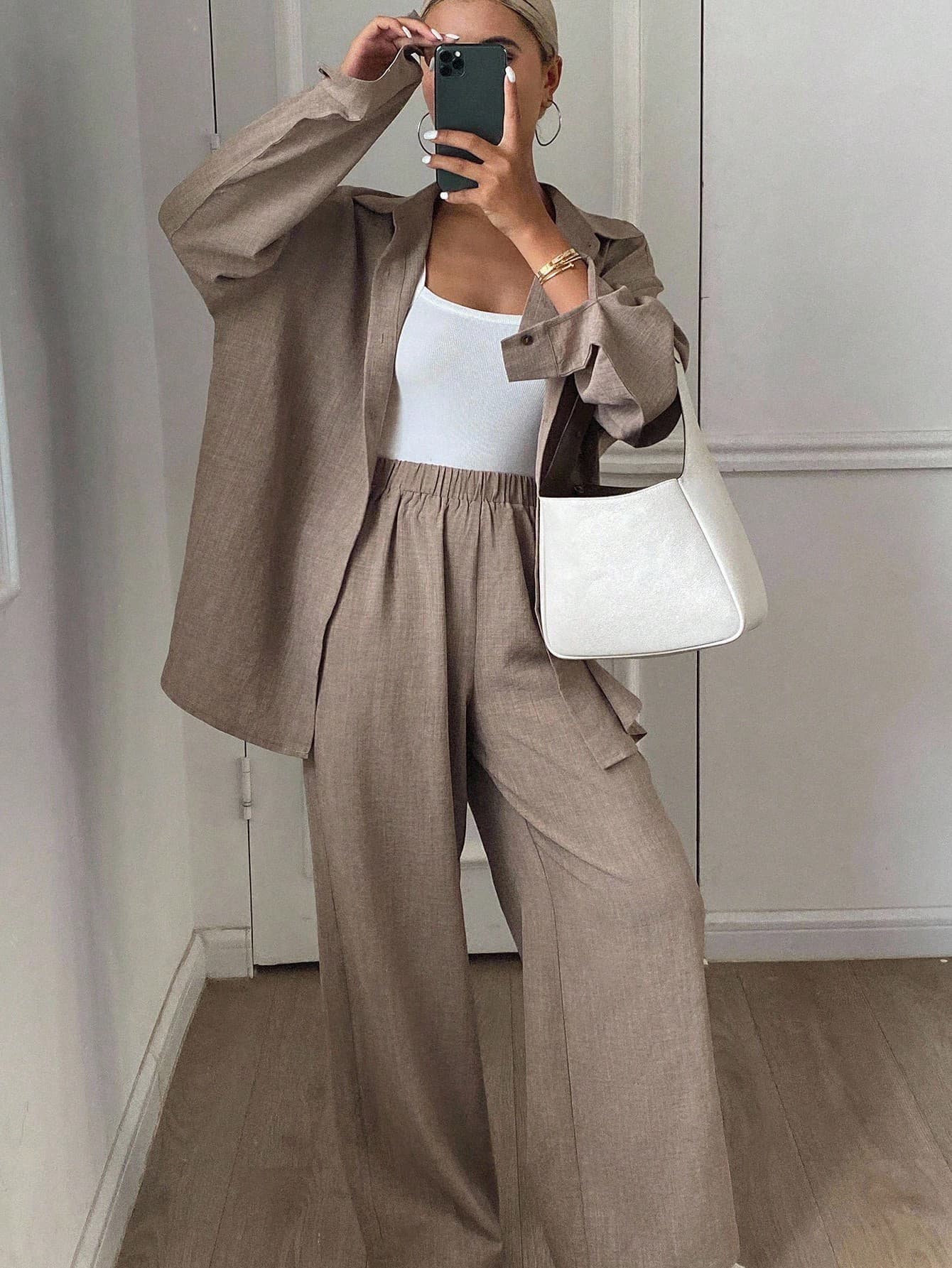 Livesso Petite Women's Solid Color Long Sleeve Single-Breasted Shirt And Pants Casual Two Pieces Set ,Petite Women