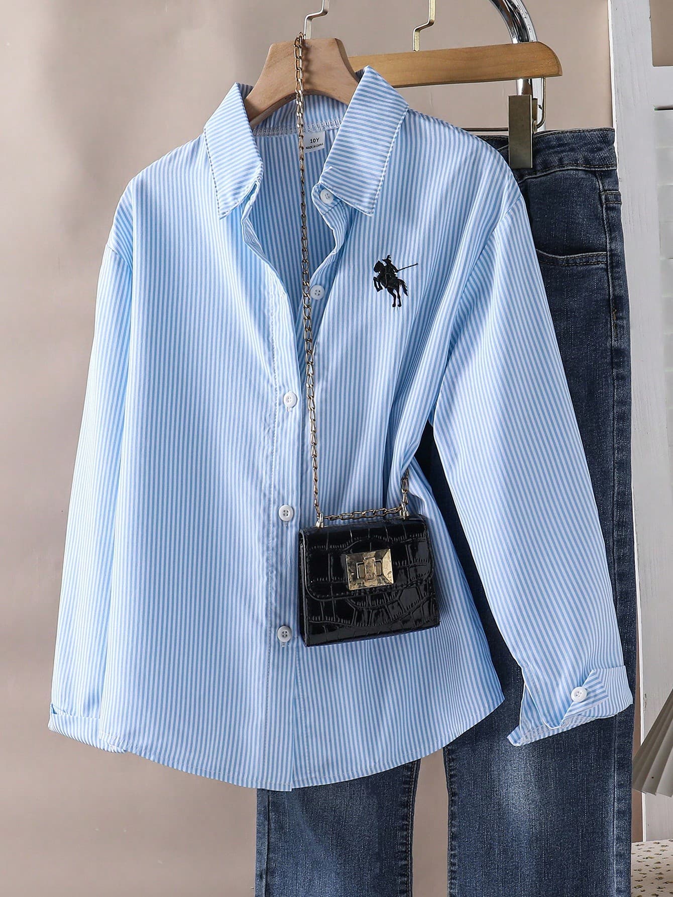 1pc Girls Collared Long Sleeve Button-Up Striped Shirt With Embroidered Graphic, Casual Top For Autumn Fall Winter