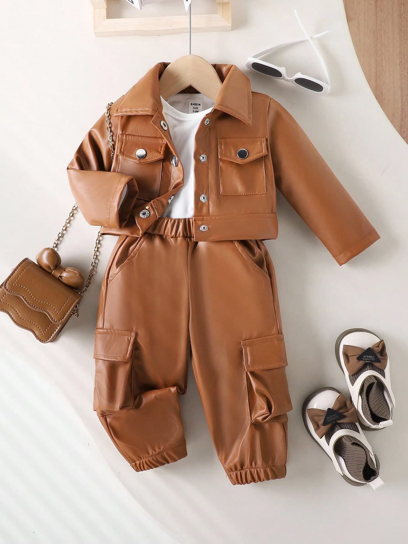 SHEIN Playful Pals 3pcs Baby Girl Fashion Streetwear T-Shirt, Button Front Jacket And Cargo Pants Set For Spring And Autumn