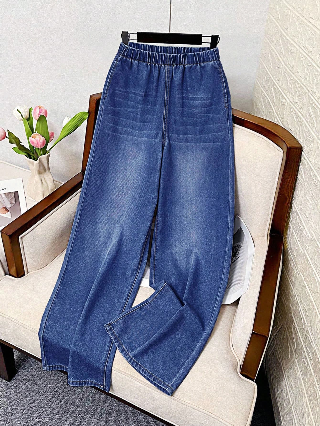 SHEIN Teen Girl Washed Casual Soft & Thin Elastic Waist Denim Jeans, Spring/Summer