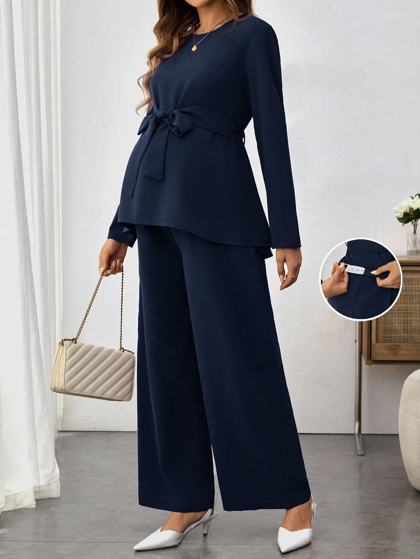 SHEIN 2pcs Maternity Set: Solid Color Round Neck Long Sleeve Shirt And Adjustable Waist Wide Leg Pants, Casual Fall