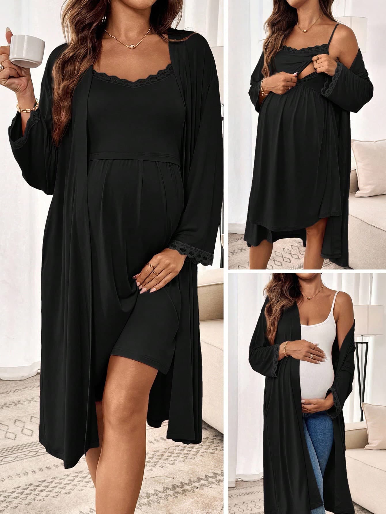 Slowluna 2pcs Maternity & Nursing Casual Contrast Lace Camisole Dress And Jacket Set, Summer Pregnant Two Piece Sets Cover Up