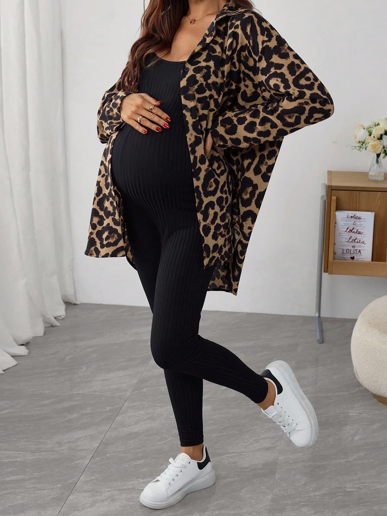 SHEIN 2pcs Maternity Leopard Print Drop Shoulder Long Sleeve Jacket And Jumpsuit Casual Maternity Set, Spring Photoshoot Fall