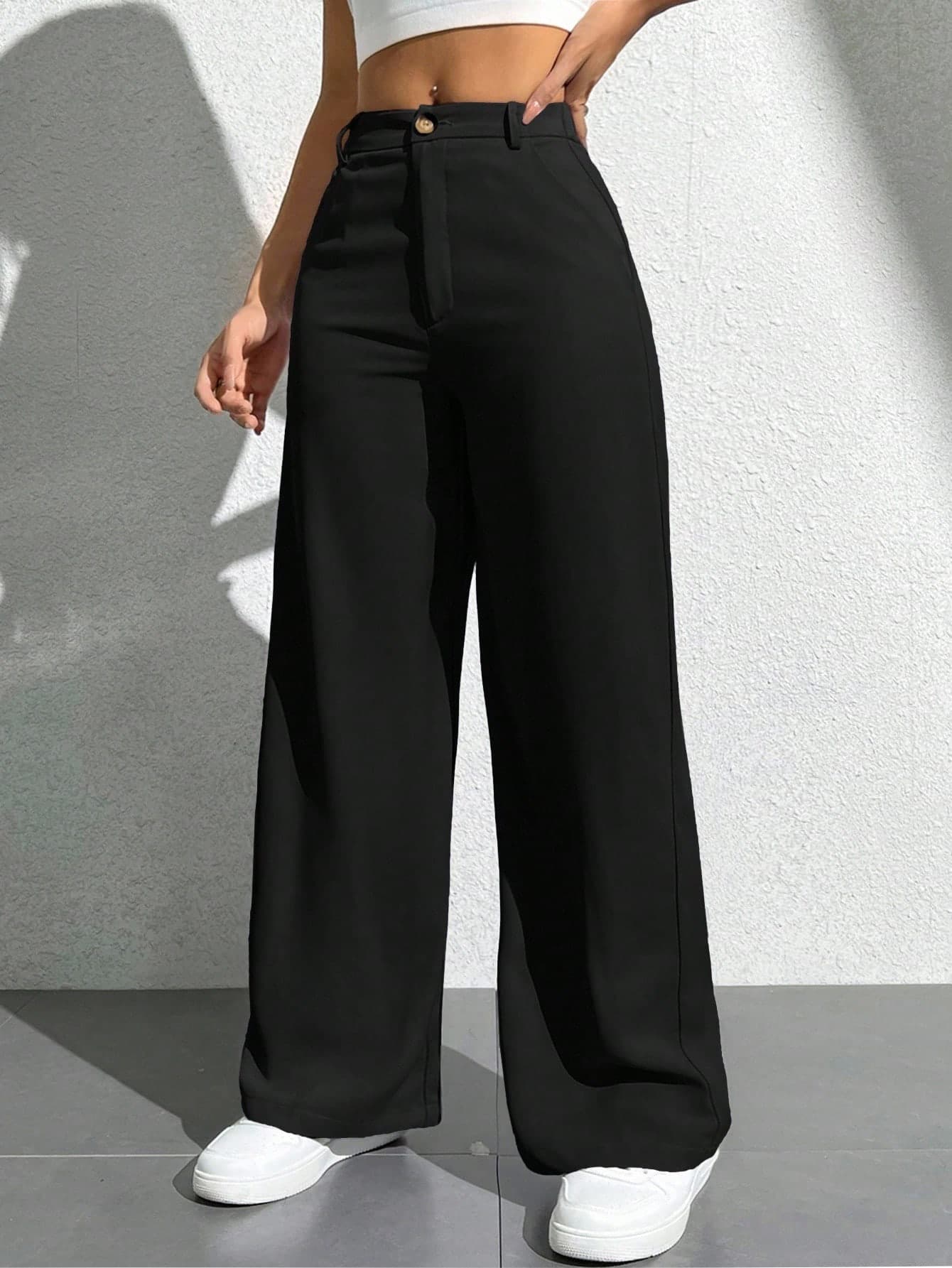 SHEIN PETITE Ladies' Solid Color Simple Everyday Casual Trousers ,Petite Women