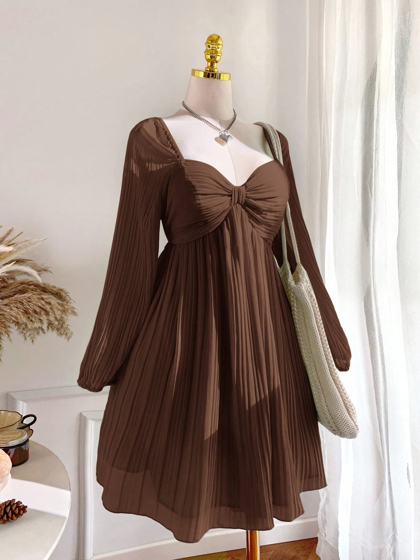 Comfortcana Plus Size Casual Pleated Long Sleeve Dress, Autumn/Winter Chocolate Brown Coffee Elegant Holiday Fall Date Night Evening