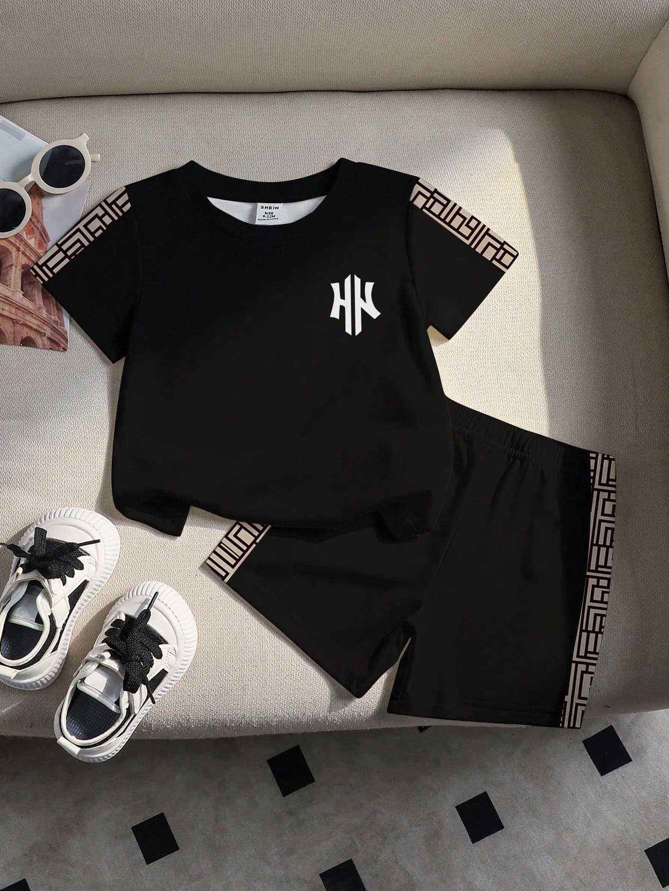 SHEIN Baby Boys' Letter Patchwork Print Round Neck Short Sleeve T-Shirt And Loose Shorts 2-Piece Black Set,  Baby Boy Clothes Black