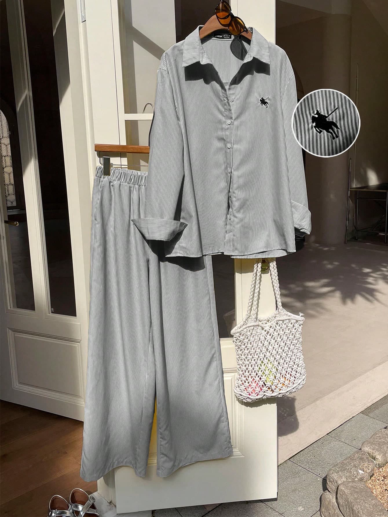 Comfortcana New Striped Embroidered Loose Shirt And Pants Set