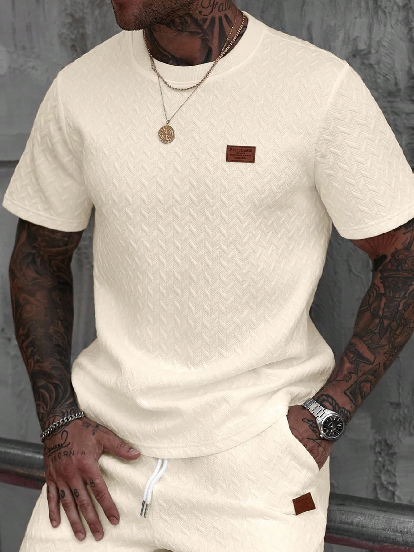 Manfinity CasualCool Men's Summer White Camo Jacquard Ribbed Collar Short Sleeve T-Shirt,Casual Streetwear City Break Fashion Pattern Tee,Gift For Boyfriend Or Husband