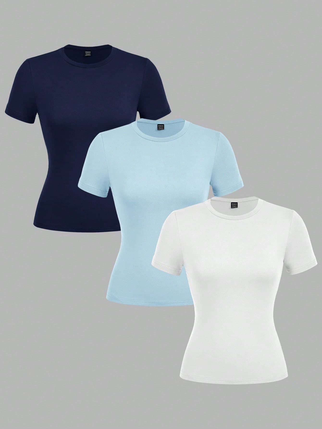 Comfortcana 3pcs Women Casual Crew Neck Bodycon Long Sleeve T-Shirt Set, Suitable For Spring/Summer