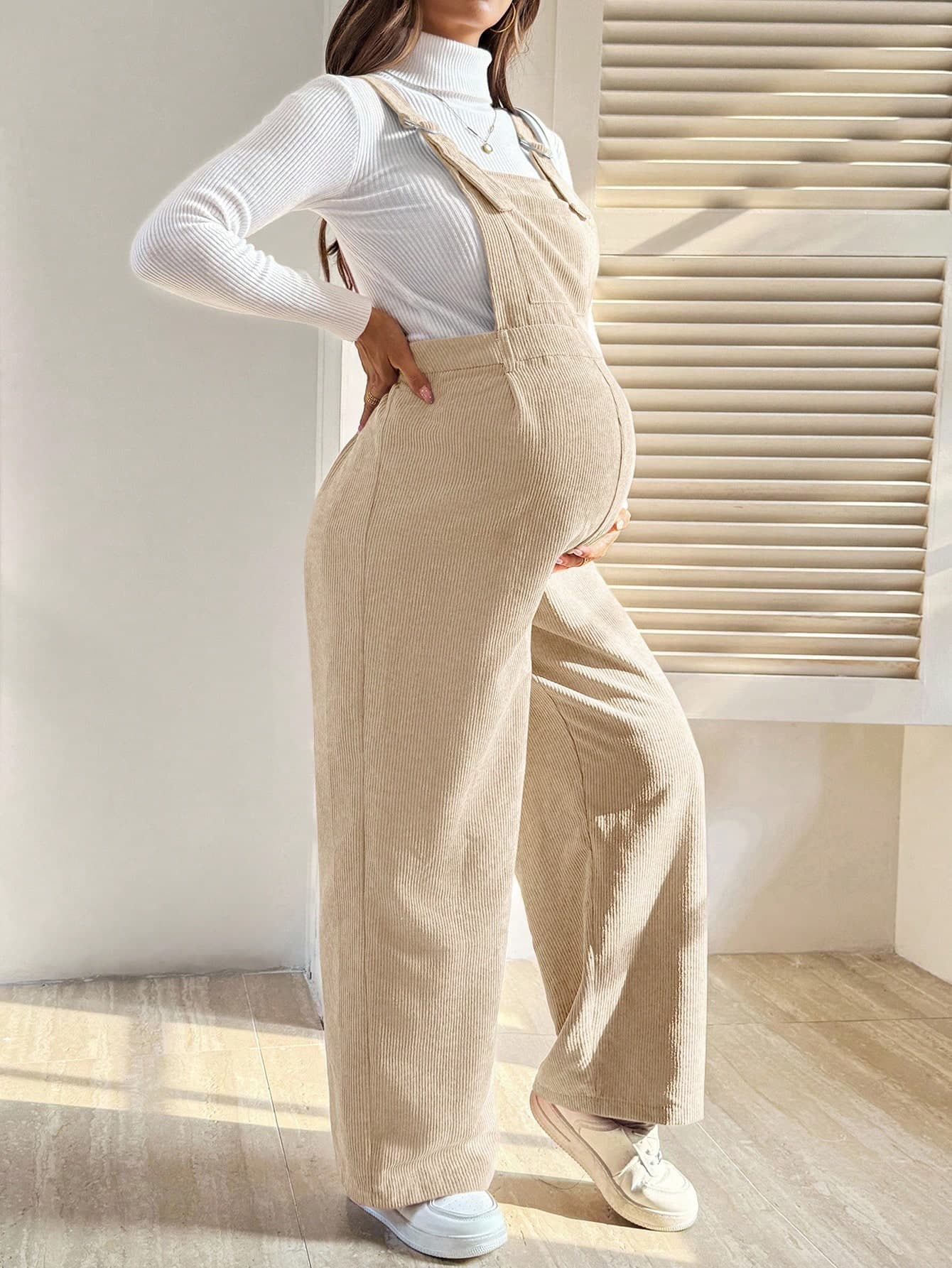 SHEIN Maternity Solid Color Pocket Design Wide Leg Loose Casual Jumpsuit, Autumn Corduroy Overalls Jumpsuits For Woman Clothes Pants Pregnancy Fall