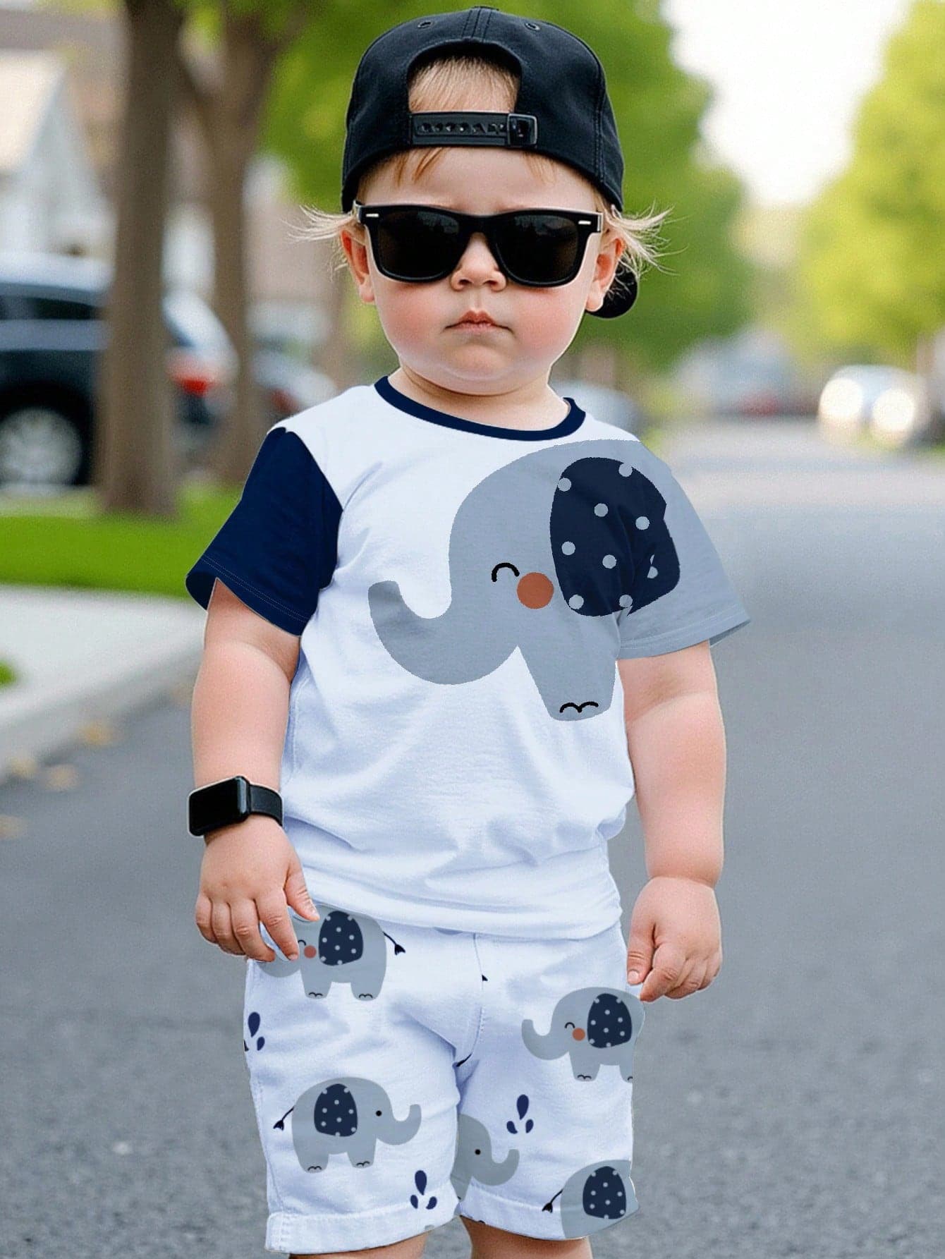 SHEIN 2pcs/Set Baby Boy Outfits,Cartoon Elephant Print Round Neck Short Sleeve T-Shirt And Shorts,White Summer Casual Graphic Beach Baby Boy Street Wear