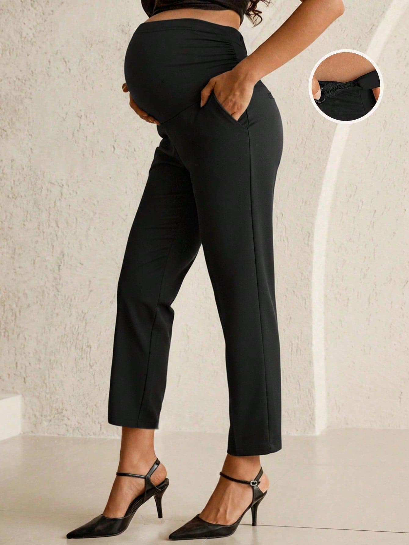 MaterniWear Plain Cropped Maternity Pants Dark Grey Woven With Adjustable Belly Support Fall