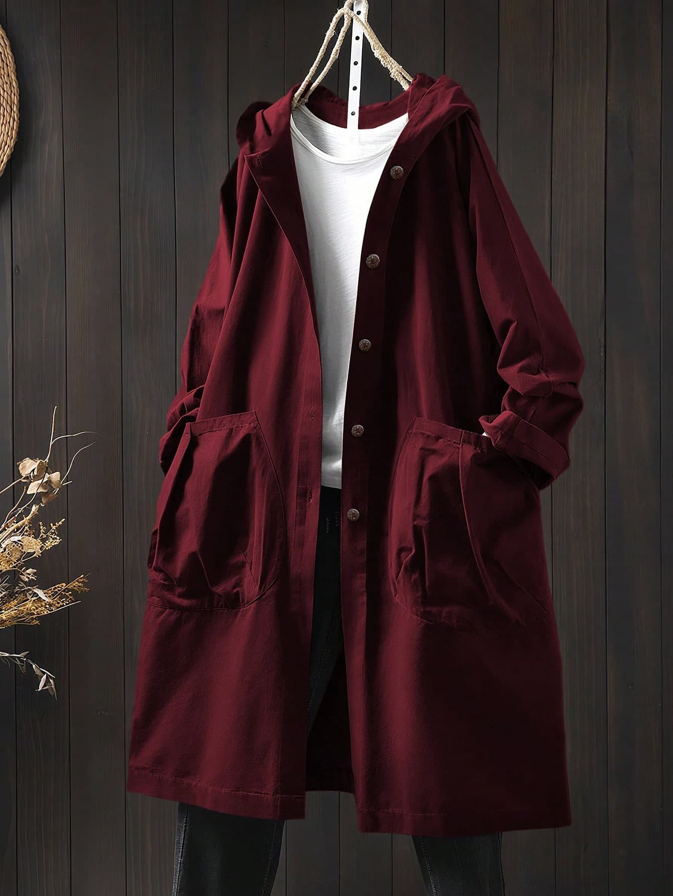SHEIN LUNE Plus Size Casual Hooded Long Jacket With Large Pockets Fall