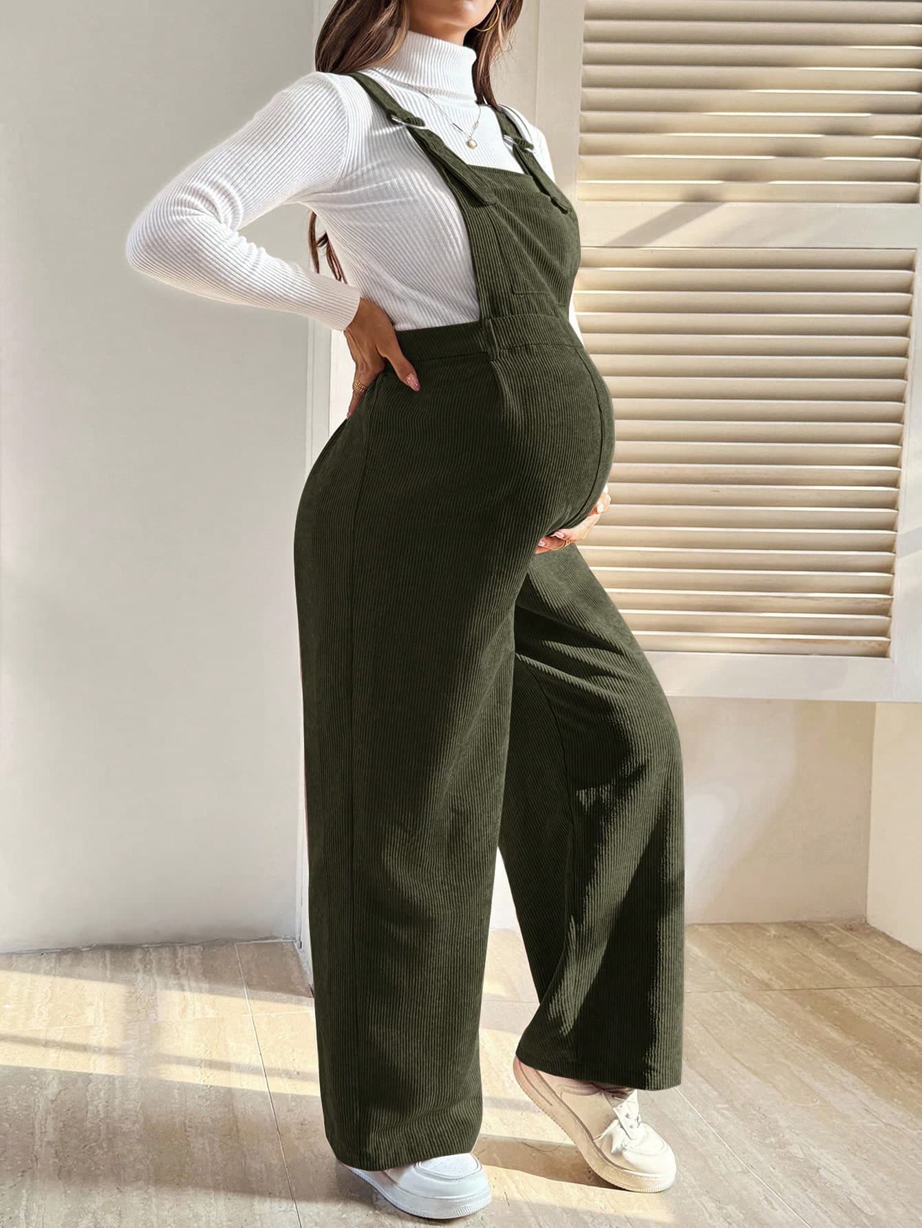 SHEIN Comfortable Green Maternity Jumpsuit For Women Long Length Corduroy Woven Fabric Straps Button Details Plain Fall