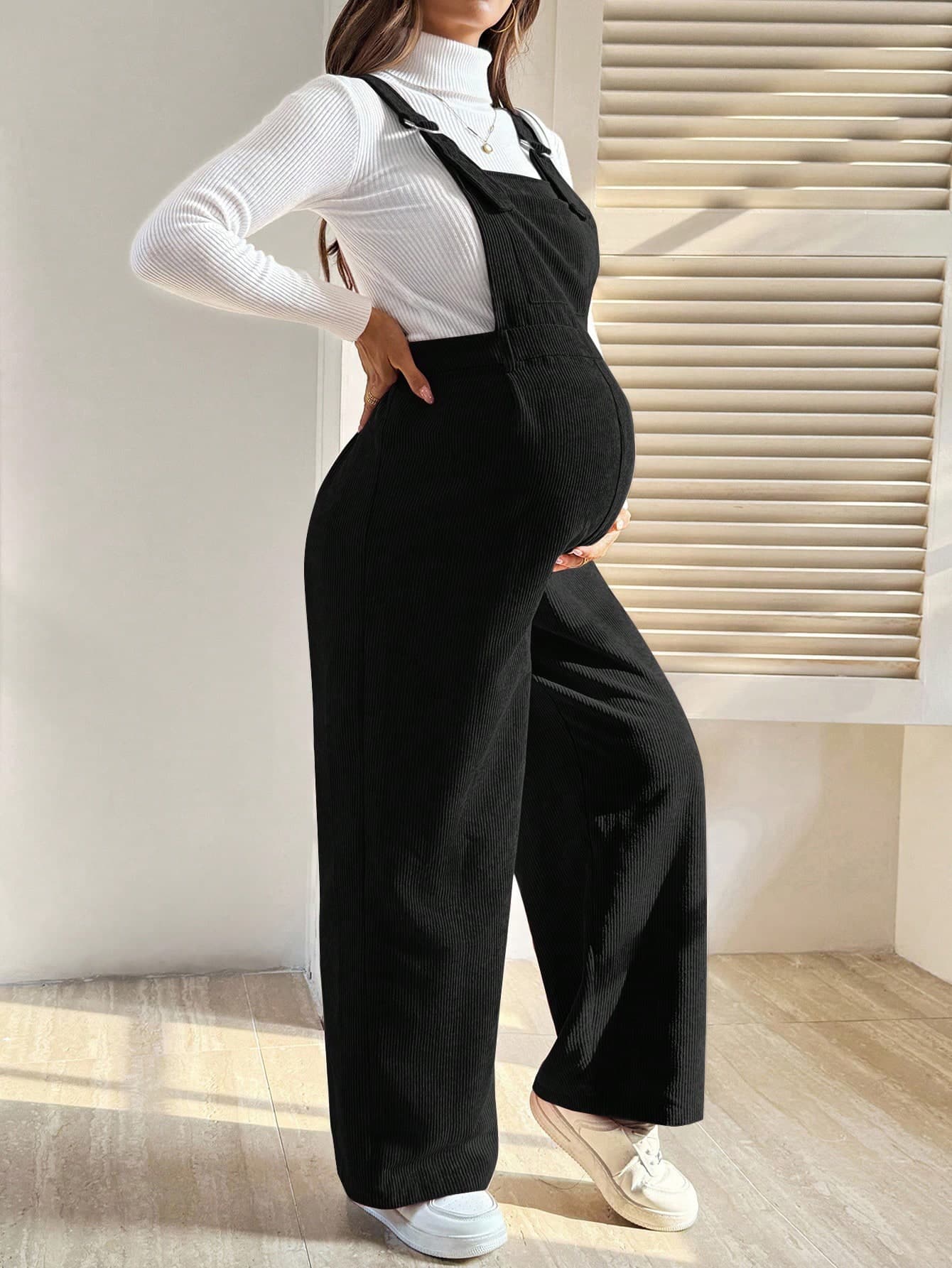 SHEIN Black Long Maternity Jumpsuit Overalls For Pregnant Women Plain Woven Fabric With Straps And Button Details Fall