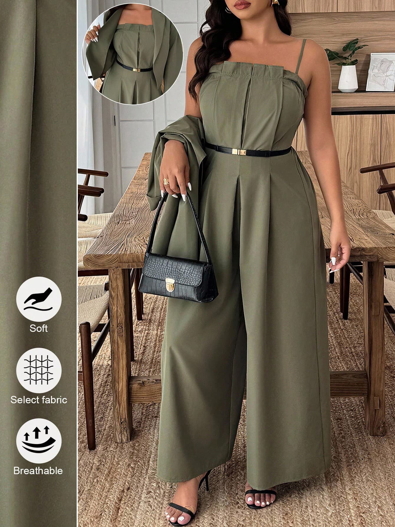 Weeklong Plus Size Solid Color Spaghetti Strap Jumpsuit And Long Sleeve Jacket 2 Pieces Set Fall Cloth For Women
