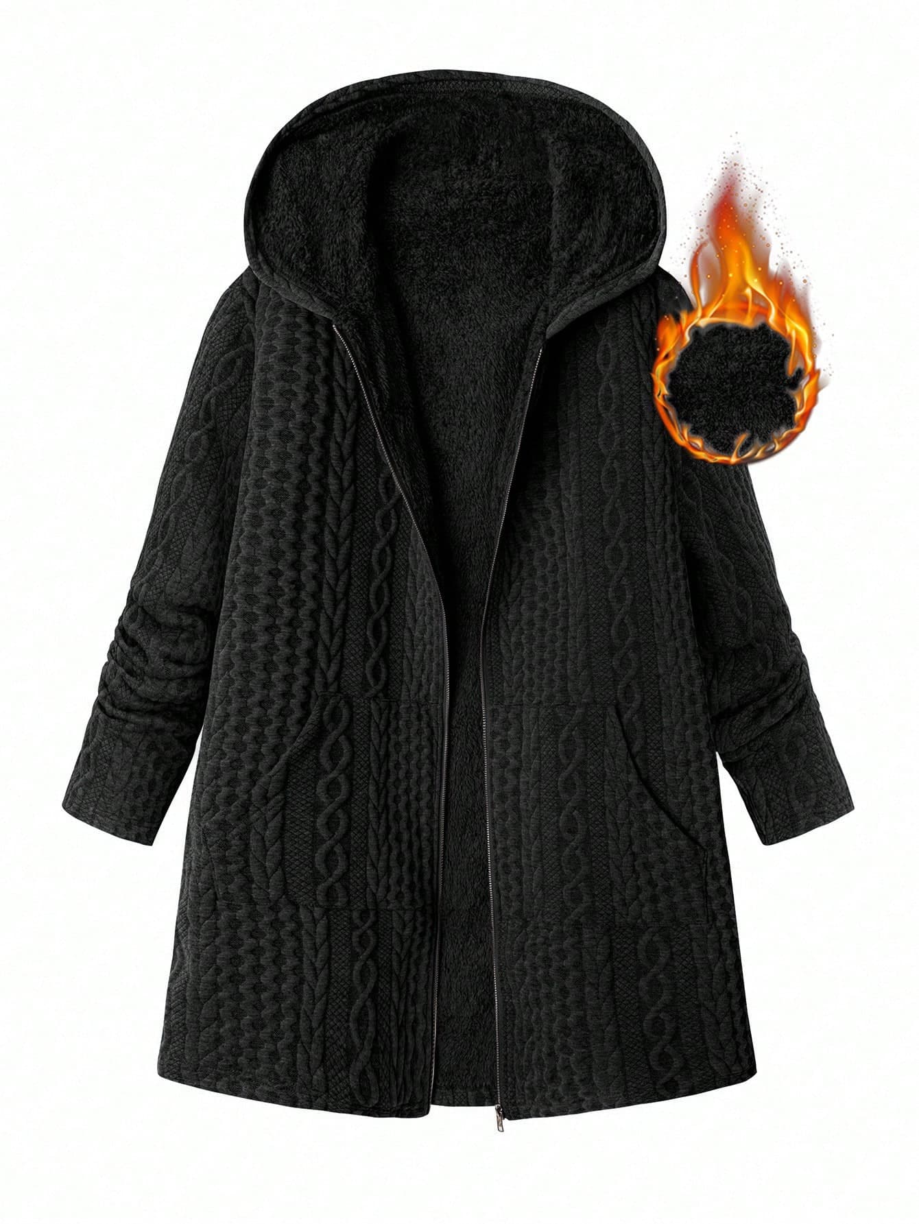 SHEIN Clasi Plus Size Women Textured Long Sleeve Casual Hooded Jacket, Autumn/Winter Fall