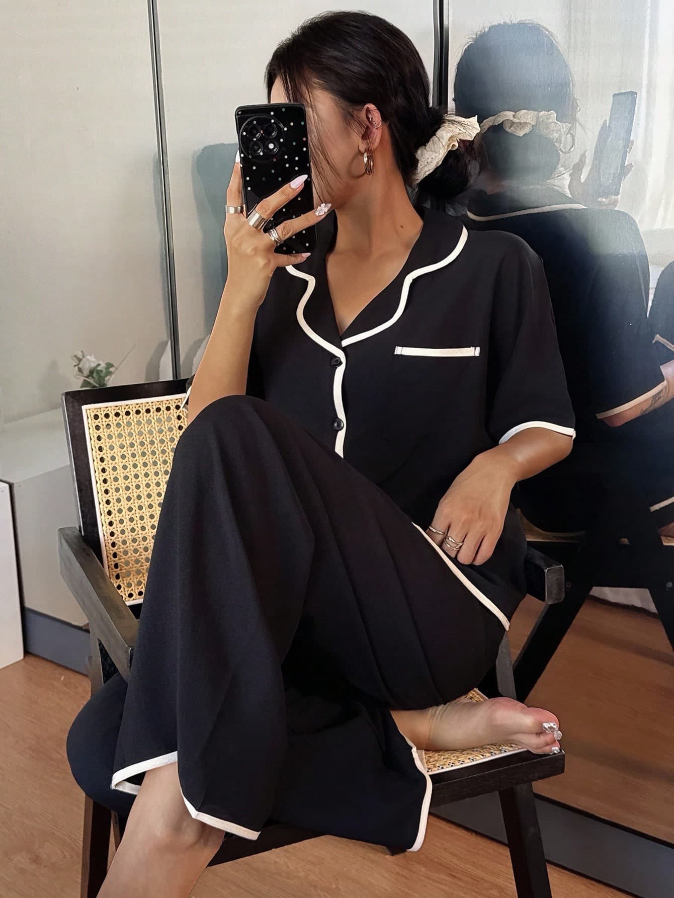 SHEIN Contrast Trim Lapel Casual Loose Short Sleeve Pajama Set Black Pj Set Women Black Pajama Set V Neck Pajama Set