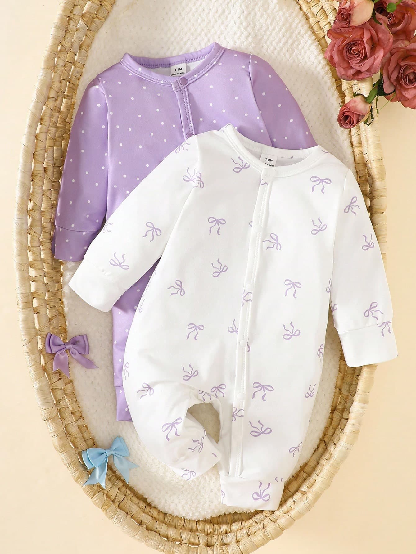 SHEIN 2pcs Newborn Baby Girl Autumn Outfit, Comfortable & Cute Bow Pattern Long Sleeve Jumpsuit Set, Suitable For Any Occasion Fall Winter