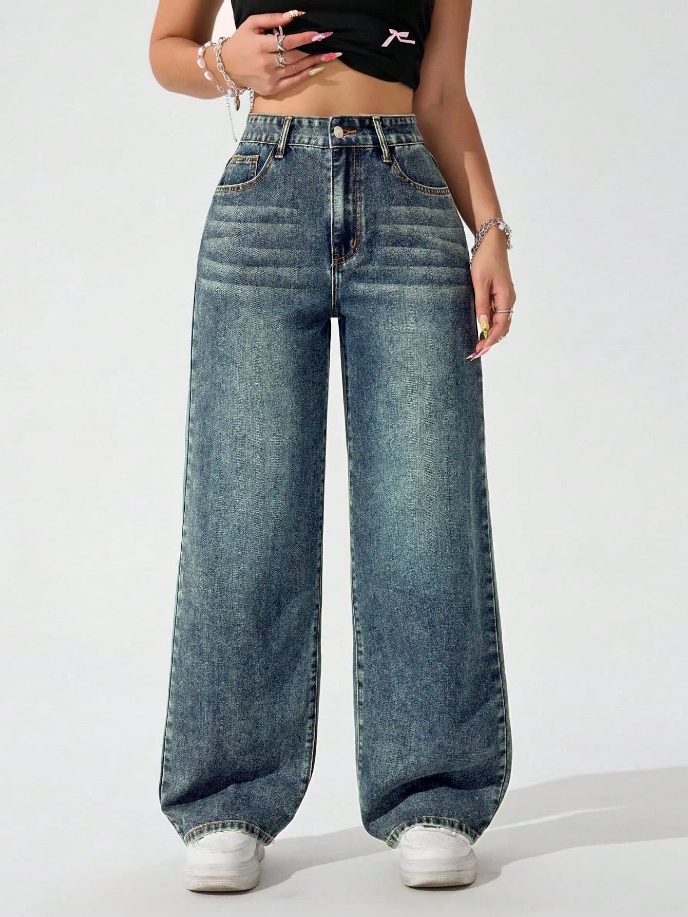 SHEIN ICON Solid Color Pocket Casual Loose Fit Jeans