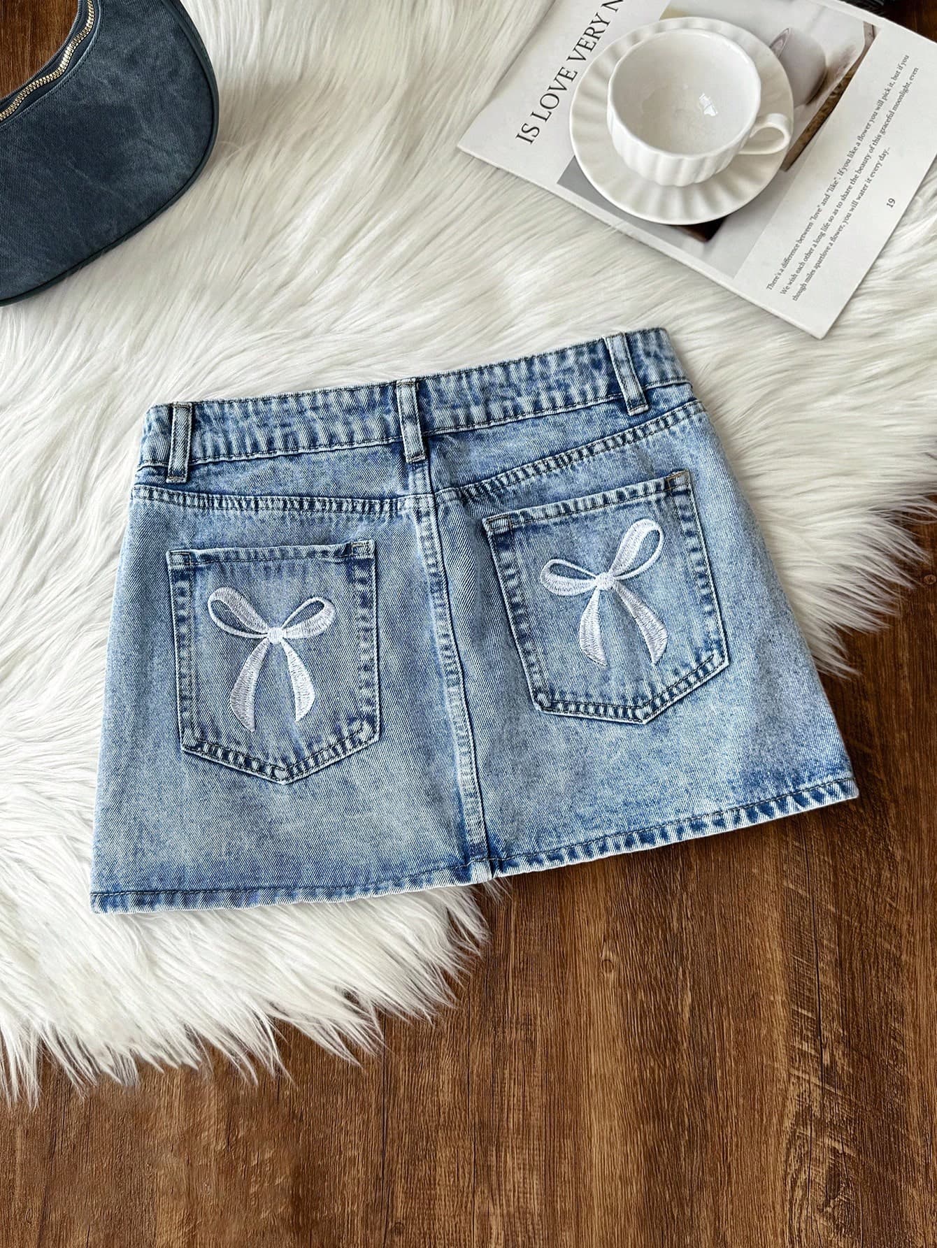 Comfortcana Women's Blue Denim Skirt Low Waist Mini Skirt, Exquisite Bow Embroidery Summer Denim Skirt College Style, Going Out