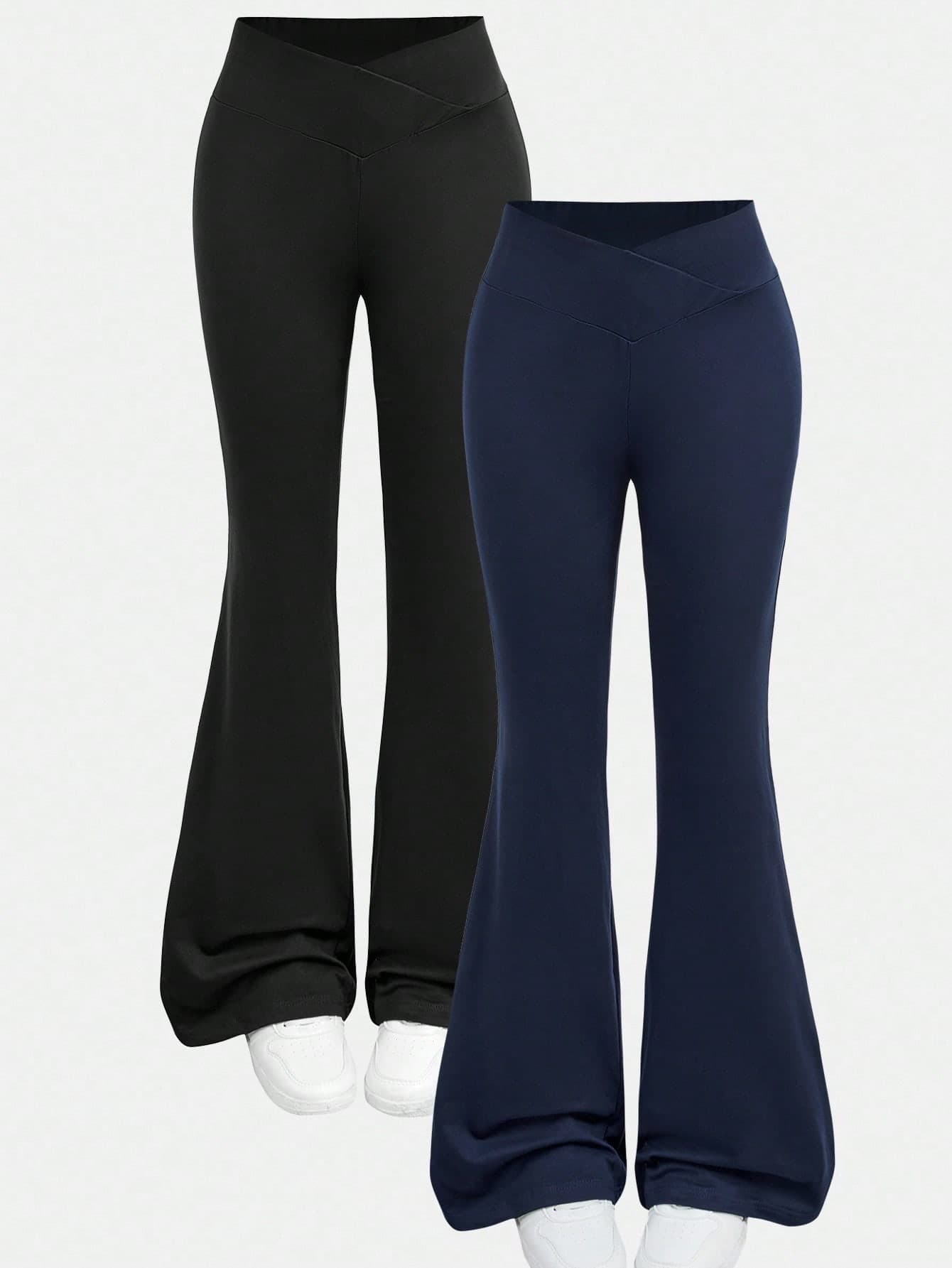 Girlism 2pcs/Set Teen Girls' Basic Mid-Calf Flare Leggings,Black & Navy Blue Waist Criss-Cross Skinny Bell Bottom Pants,Winter Gym Back-To-School Knit Pants