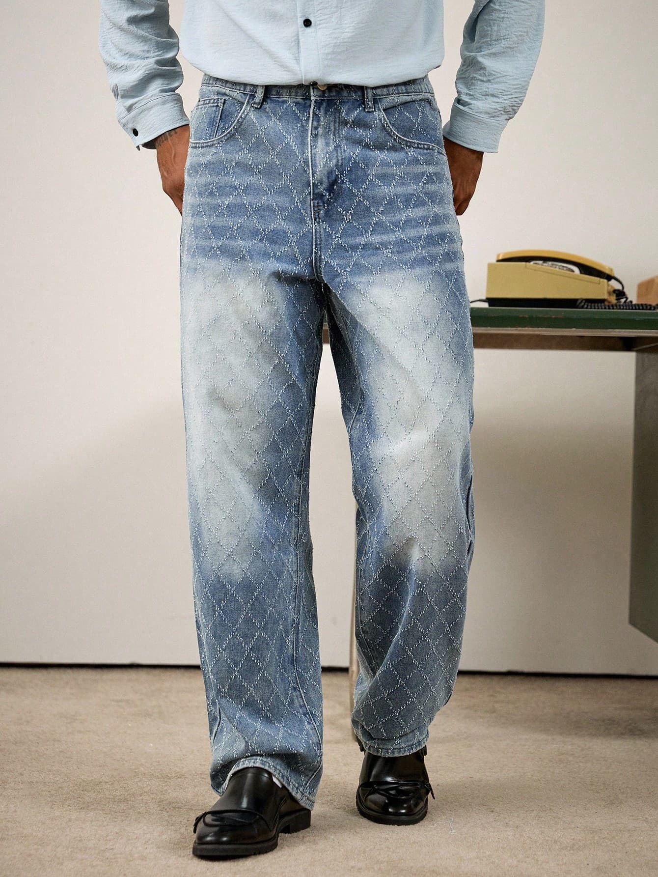 RivetRise Stylish Rhombus Crochet Men's Straight-Leg Jeans Loose Jeans