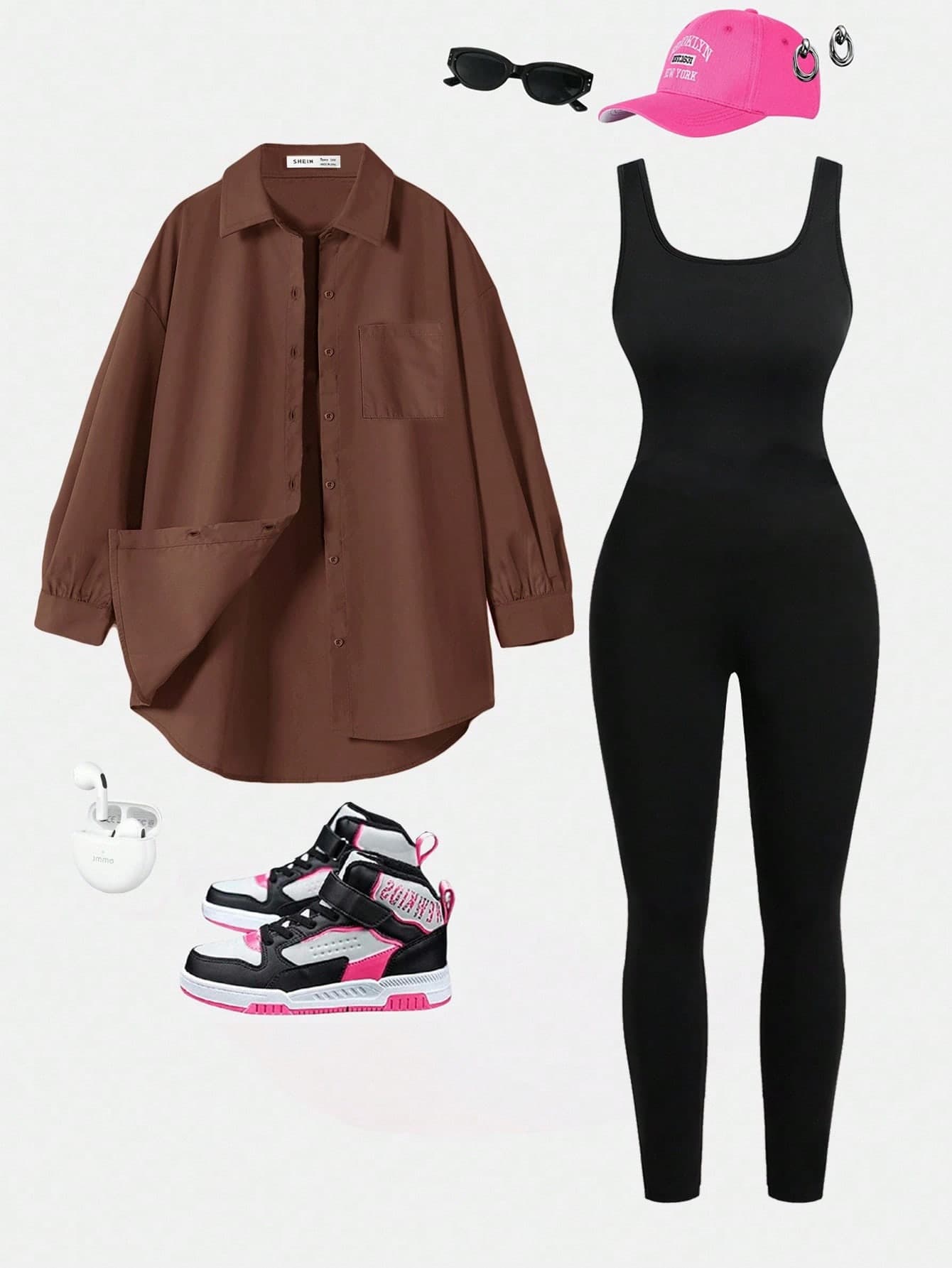 SHEIN Essnce Plus Size Women's 2pcs Set, Long-Sleeved Button-Up Chocolate Brown Shirt Tight Vest Jumpsuit, Casual Spring Autumn Outfits, Gym, Grunge, Y2k Vacation