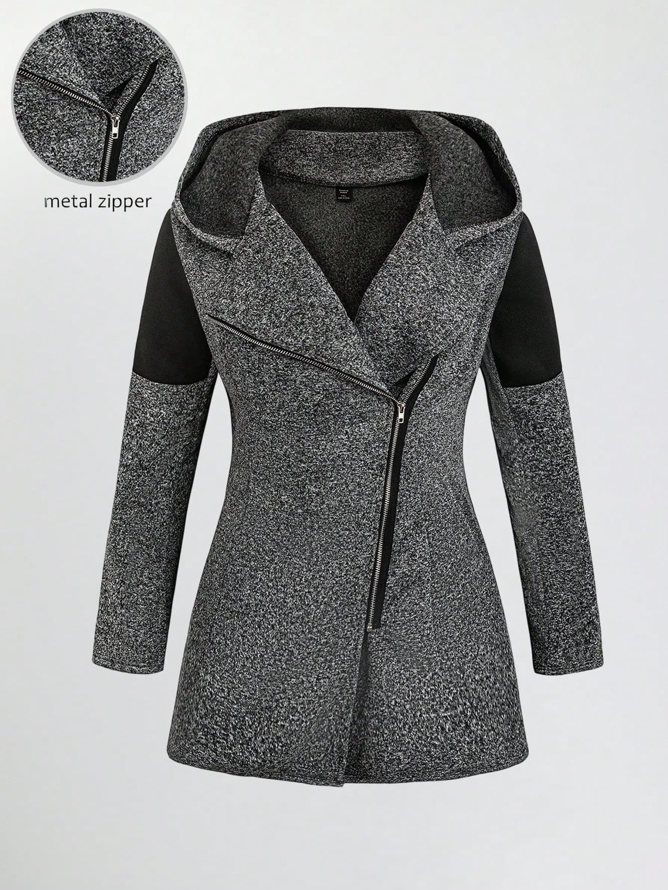 EMERY ROSE Women's Casual Zip-Up Hooded Jacket With Color Block Design Fall Winter Cloth For Women Autumn