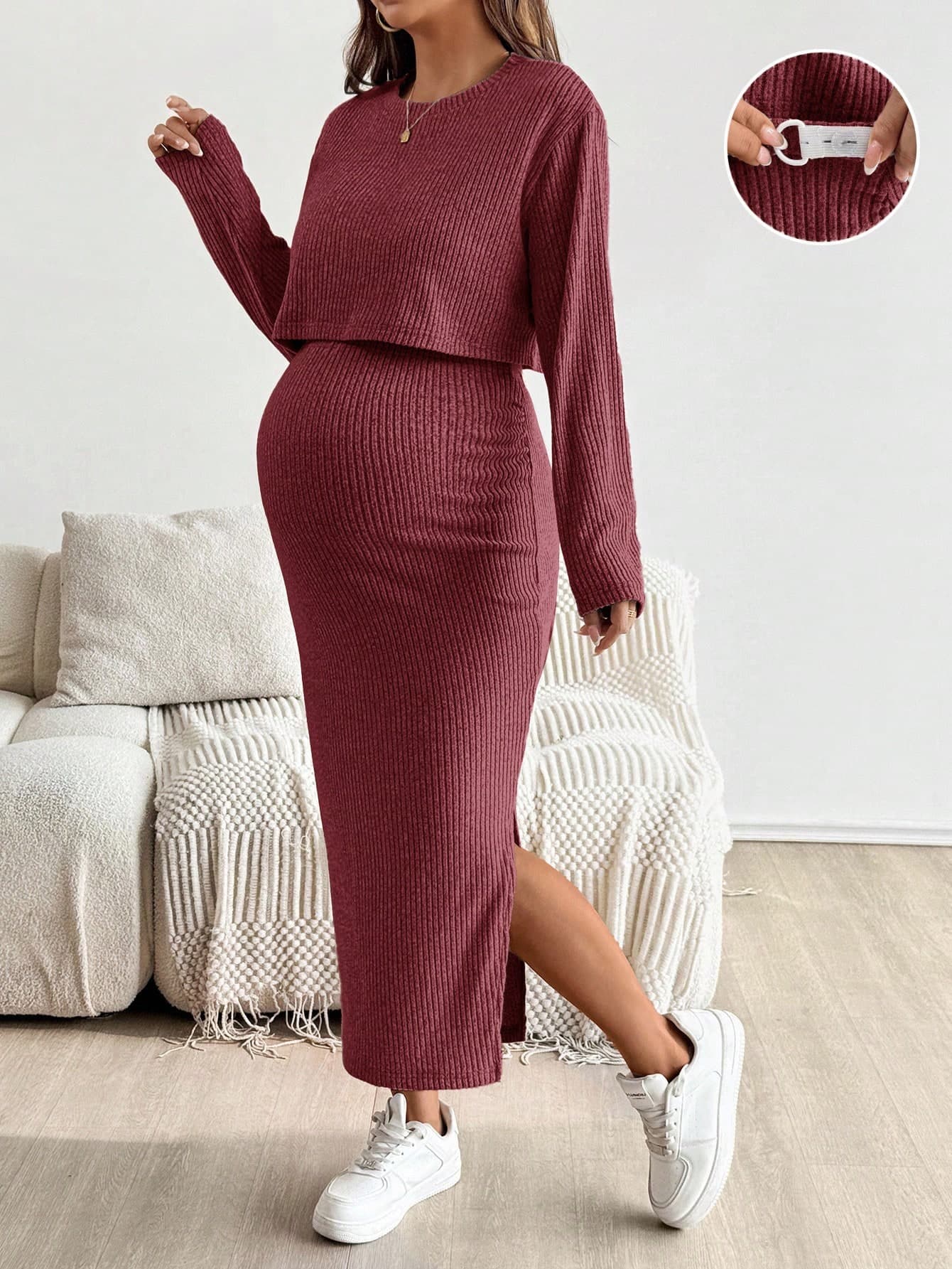 SHEIN Maternity Solid Color Round Neck Short Sleeve Top And Skirt 2 Pieces Set Knit Two Piece Modest Women Dress Ribbed Comfortable
