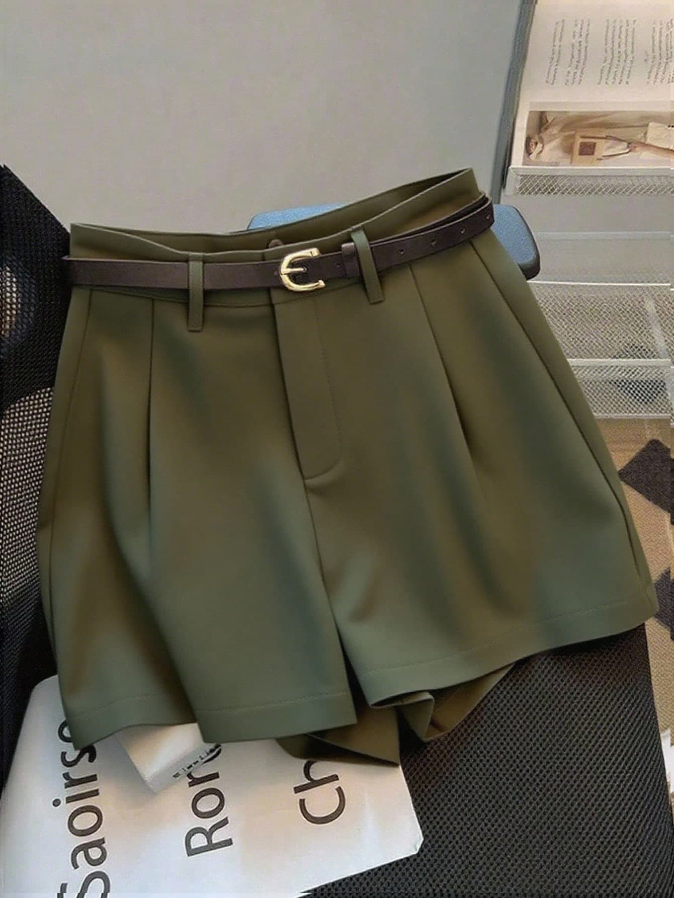 Franclia Casual & Commuting Fashion Versatile Mid-High Waist Belted Summer New Solid Color Khaki Women Shorts