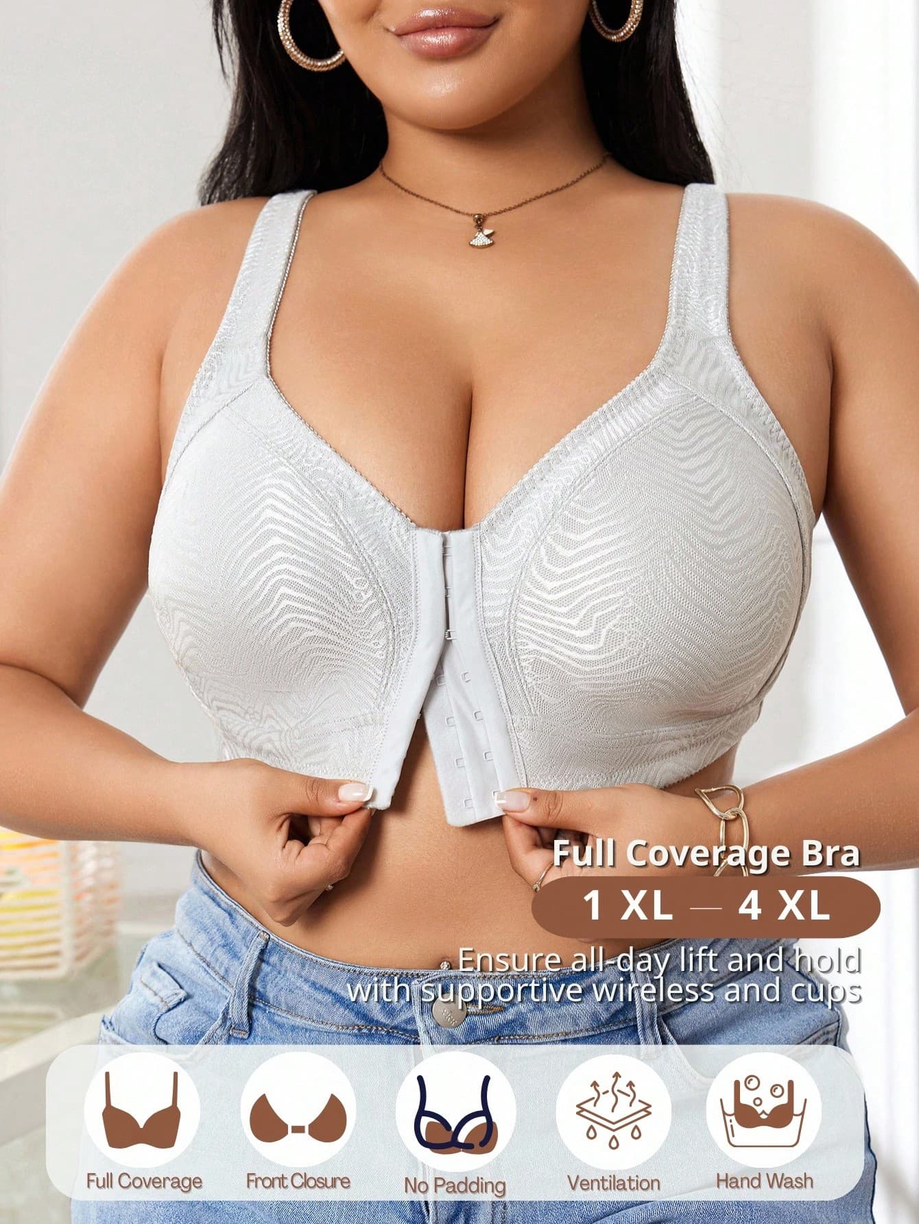 1pc Plus Size Jacquard Mesh Soft Brushed Fabric Wide Strap Front Closure Wireless Bra