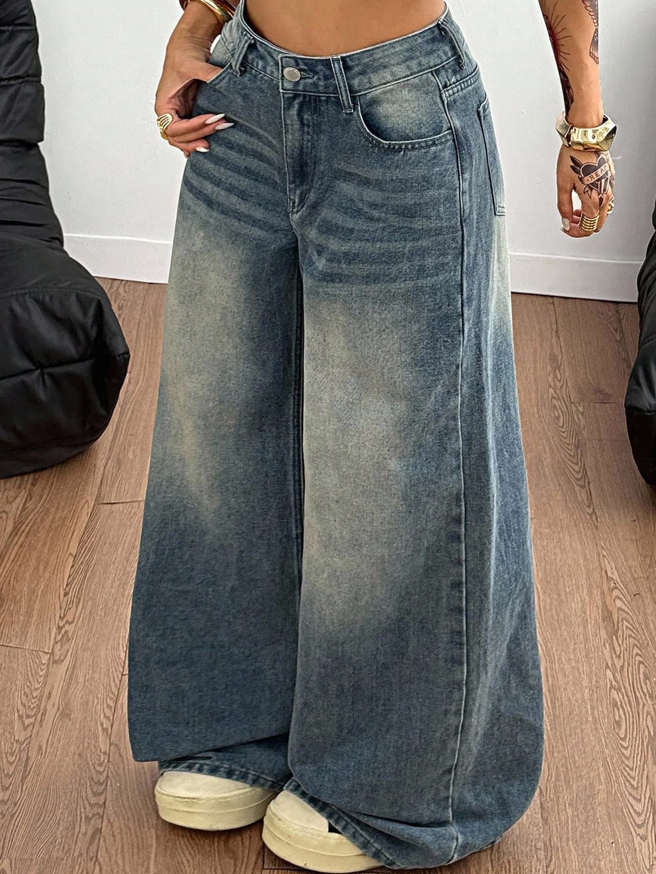 Coolane Teen Girls Fall/Winter Streetwear Navy Blue Washed Wide Leg Jeans,Basic Casual Loose Denim Pants,Back-To-School Holiday Chic Parent-Child Clothing