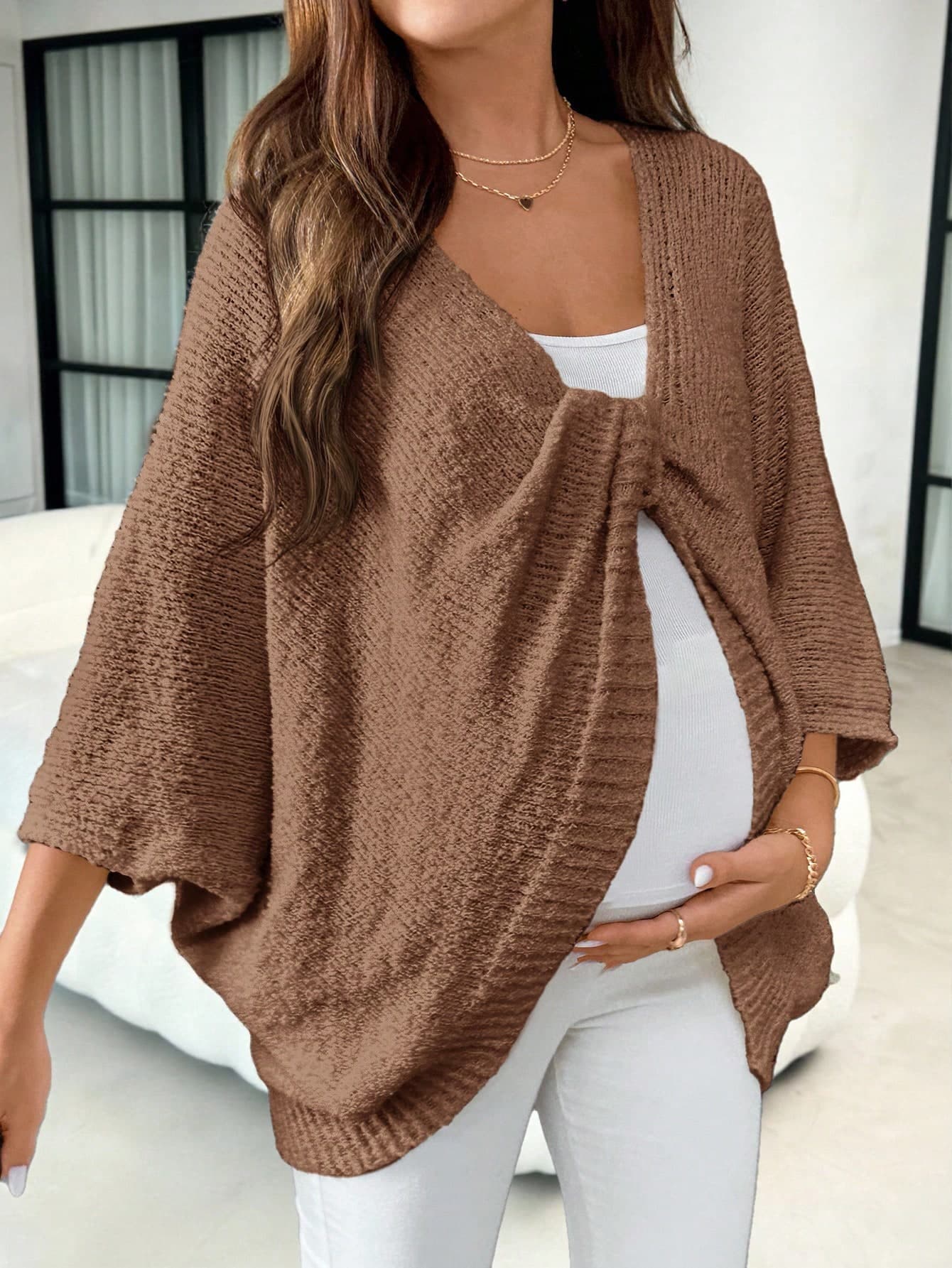 SHEIN Batwing Sleeve Front Twist Decor Solid Color Maternity Sweater Summer Cardigan For Women Brown Dress Cover Up Clothes Fall Winter