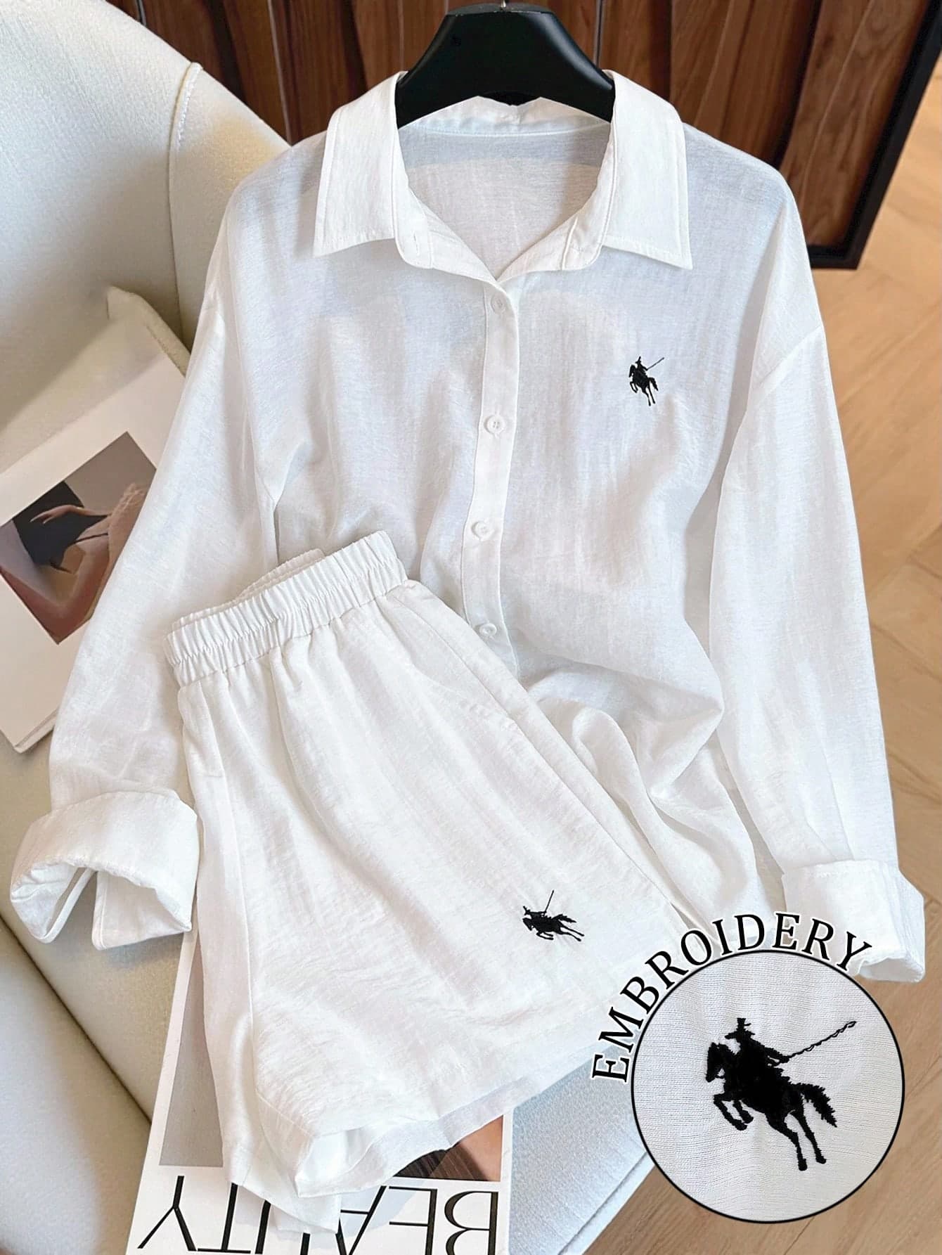 INAWLY Plus Size Embroidered Logo Shorts & Long Sleeve Solid Color Shirt 2 Pieces Set Fall