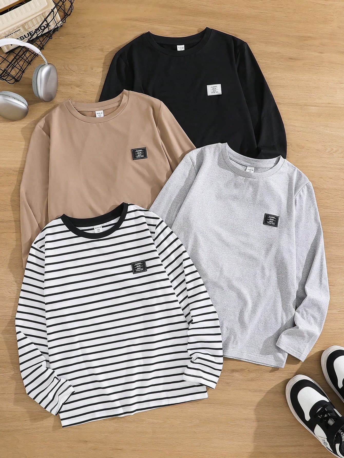 Teen Boy 3pcs Casual Simple Comfortable Versatile Warm Super Cost Effective Net Color Simple Crew Neck T-Shirt Multi Pack Homecoming;Renaissance;Fall, Clothes, Airport, Cocktail Party;Autumn/Winter Winter