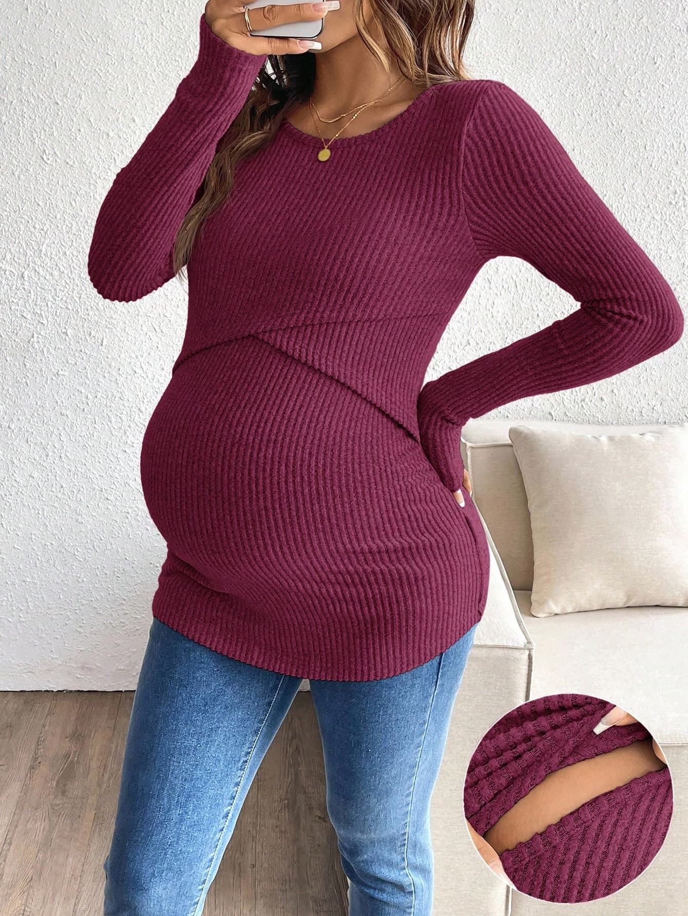 SHEIN Maternity Nursing Casual Solid Color Round Neck Fitted Long Sleeve T-Shirt, Autumn Pregnant Long Sleeve Maternity Top Fall