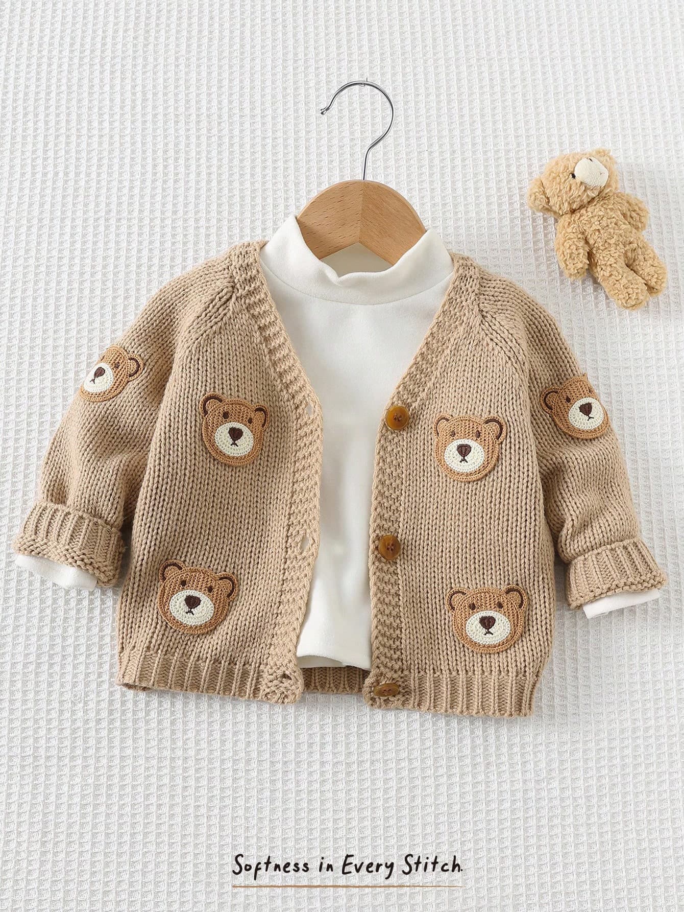 Cozy Pixies Newborn Baby Girl Loose Casual Minimalist Comfortable Round Neck Bear Pattern Cardigan Knitwear Sweater Cardigans Autumn Winter Jacket