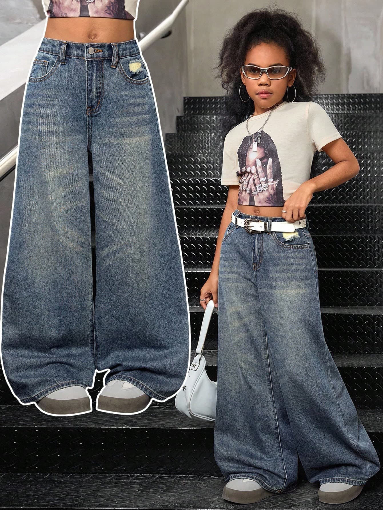 SHEIN Tween Girl Y2K Fashion 90S High Waist Star Patchwork Fringe Low-Waisted Ripped Baggy Wide Leg Denim Jeans Pants With Raw Hem And Slanted Pocket,Casual Collegiate Style Comfortable Fashion Minimalist Practical Versatile Soft Fabric, Fall Winter Back To School Homecoming,Autumn,Streetwear, Baggy Jeans Y2k, Wide Leg Jeans, Baggy Jean, Y2k Vintage Retro Washed Denim Baggy, Street Jeans
