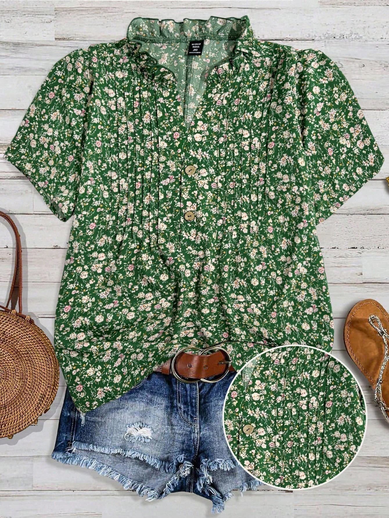 SHEIN CURVE+ Plus Size Summer Boho Short Sleeve Green Floral Floral Print Blouse Holiday Holiday Vacation