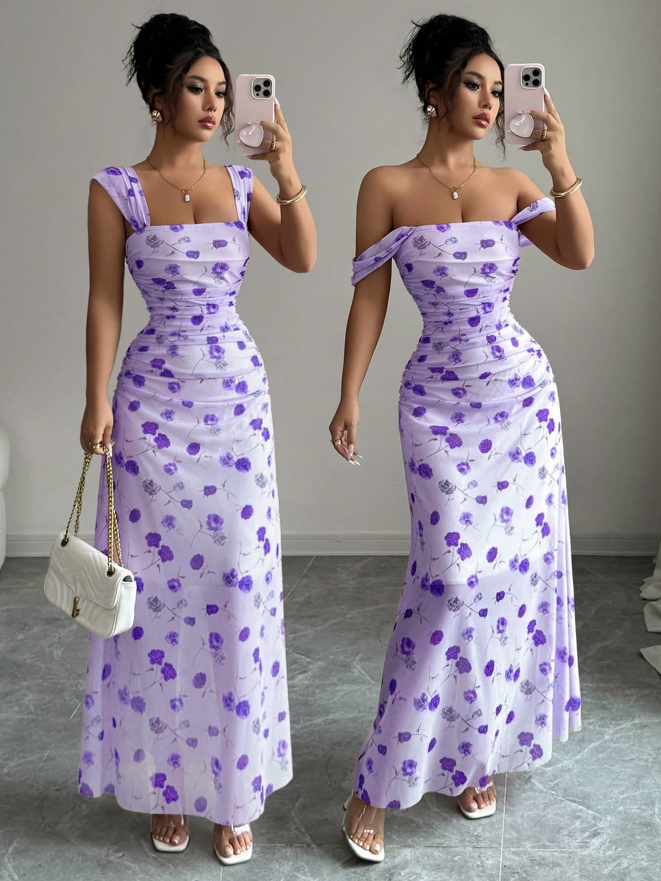 Elenzga New Women's Square Neck Mesh Floral Print Waist Ruched A-Line Dress, Elegant For Dates, Vacation, Waist Cinching, Flattering, Spring/Summer