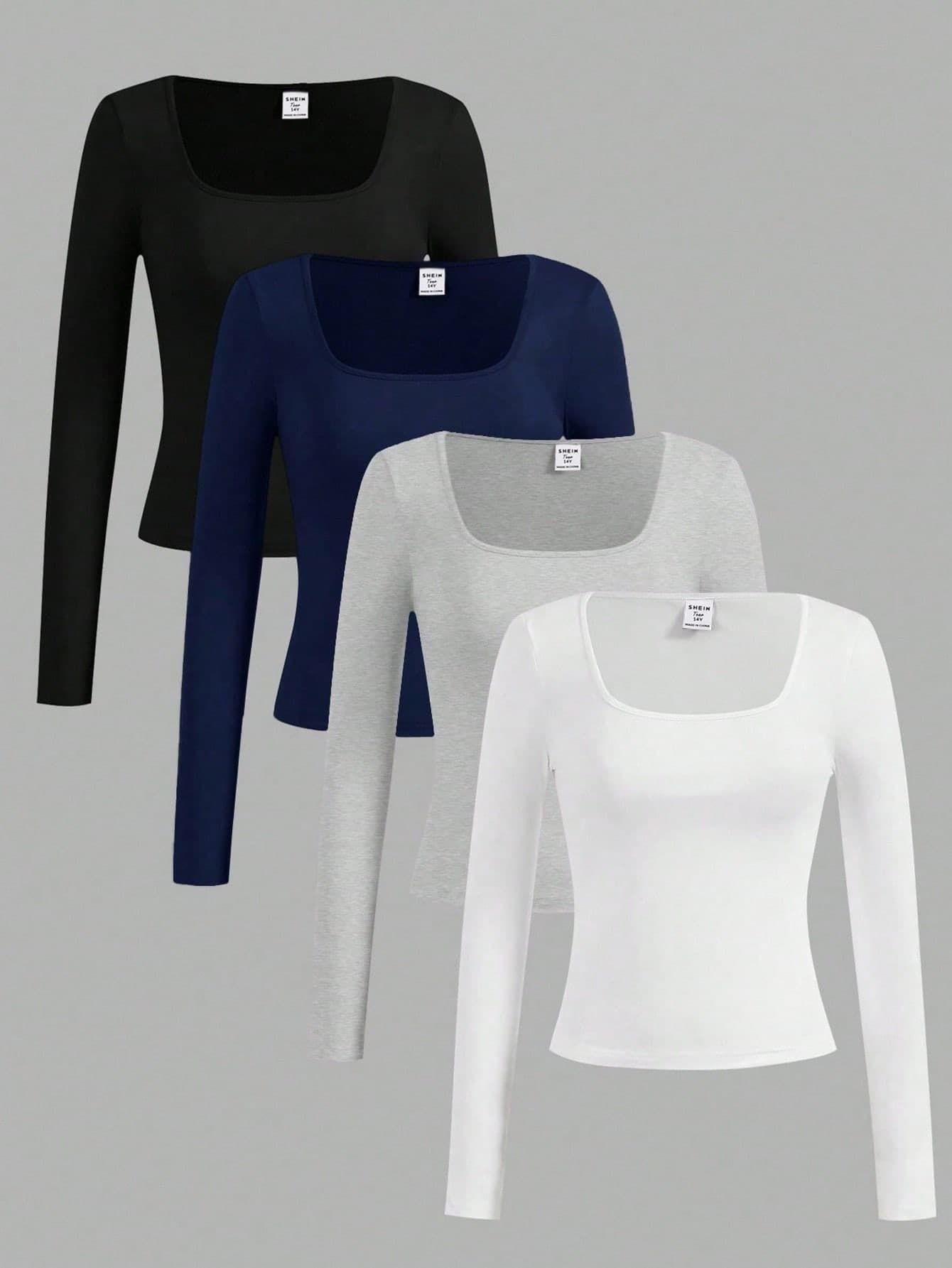 Girlism 4pcs/Set Tween Girls' Crew Neck Long Sleeve Knit Solid Color Fitted All-Match Tops, Versatile T-Shirts For Autumn/Winter Fall,Buy 1 Get 3 Free