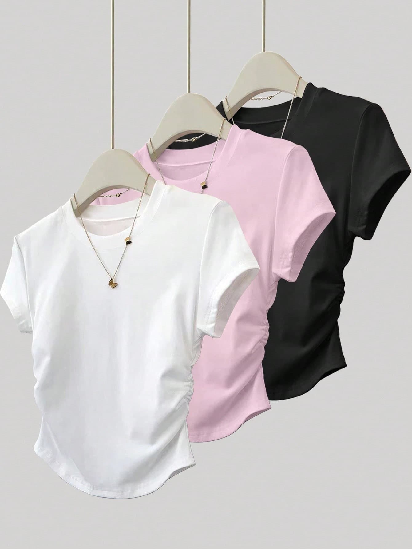 INAWLY 3pcs/Set Women's Casual Versatile Ruched Waist Short Sleeve T-Shirt, Suitable For Summer