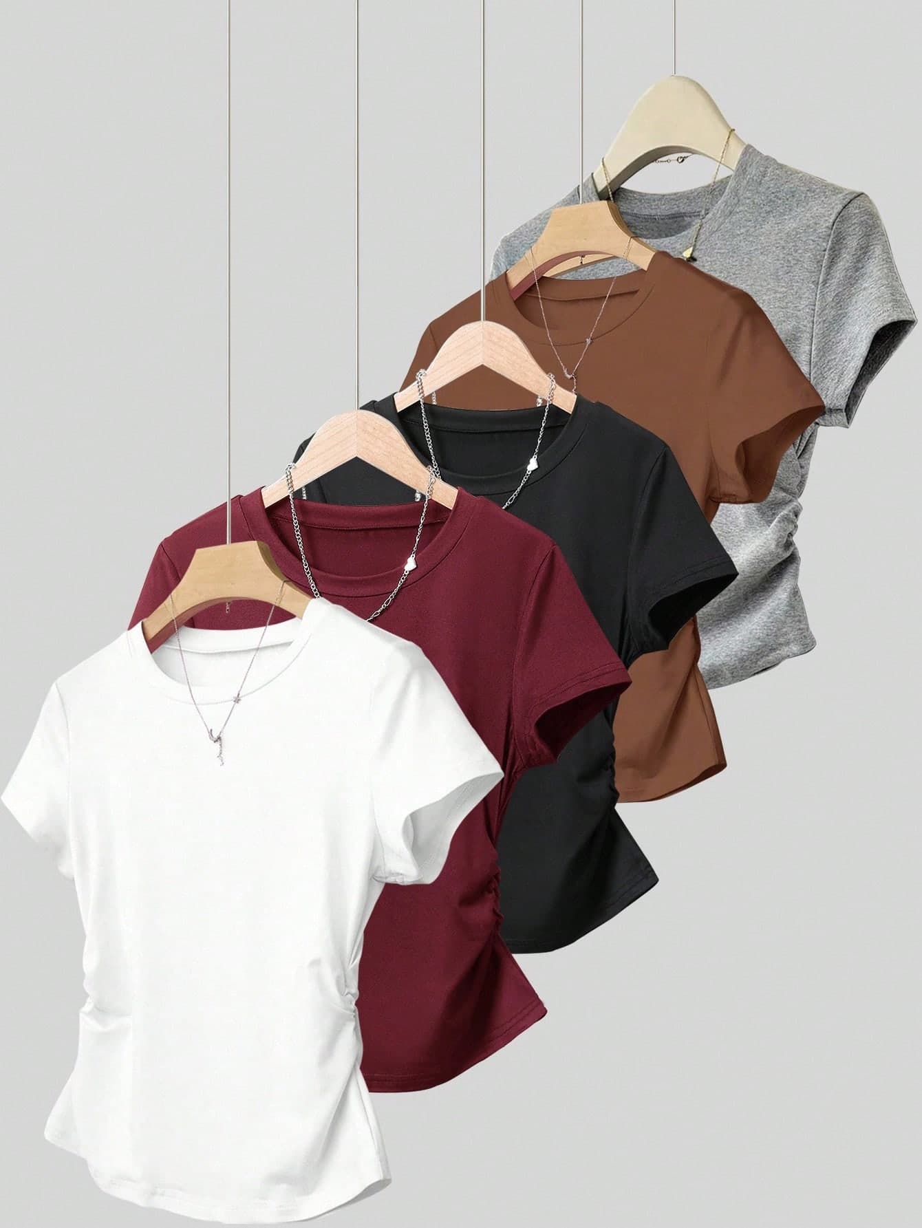 Resyla 5pcs/Set Women's Casual Waist Ruched Short Sleeve T-Shirts, Summer Design For Any Occasion,White And Brown,Burgundy,Black,Gray,Outdoor Wear