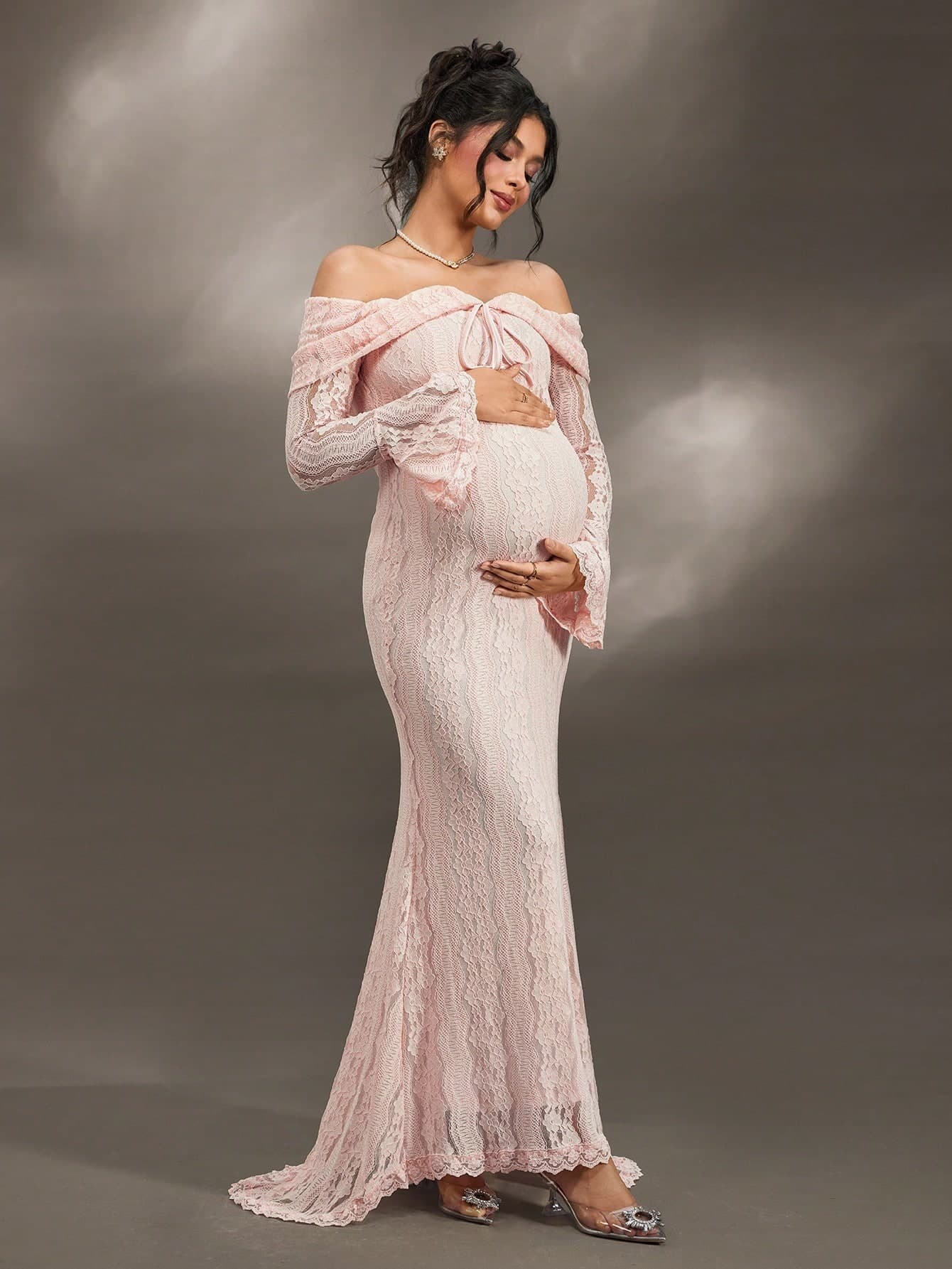 Cheriluna Maternity Elegant Off-Shoulder White Lace Long Sleeve Mermaid Maxi Dress, Suitable For Wedding, Party, Baby Shower, Maternity Photoshoot, Christening