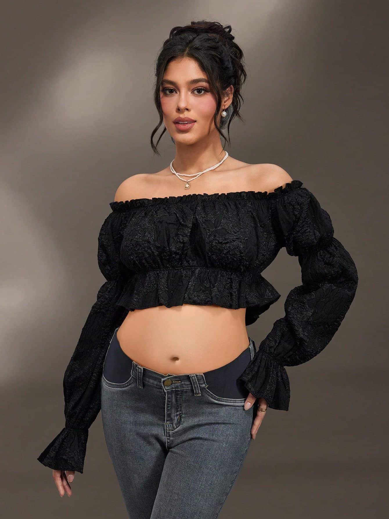 SHEIN Maternity Elegant Ruffled Off Shoulder Jacquard Top, Photoshoot