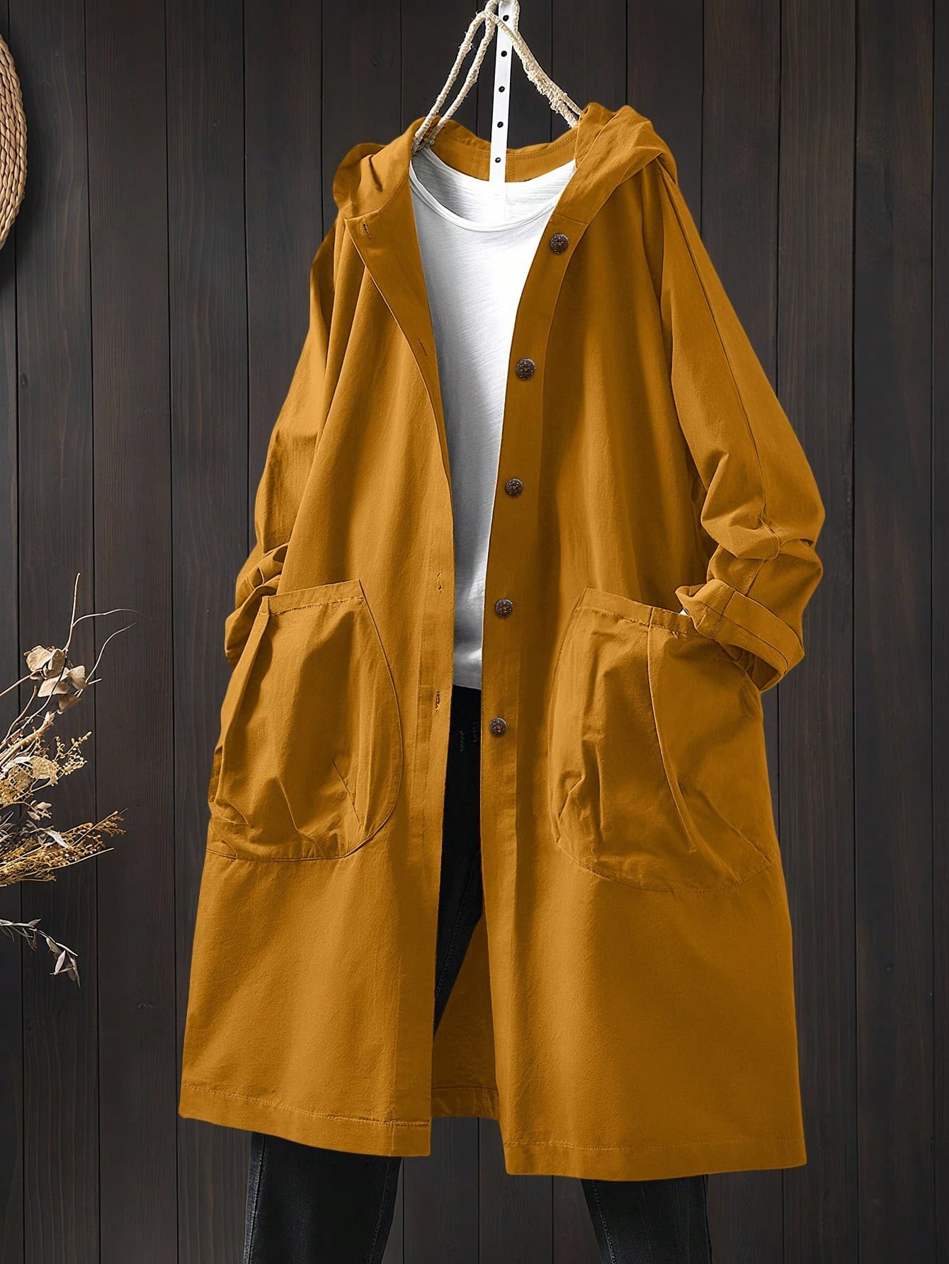 SHEIN LUNE Plus Size Casual Hooded Long Jacket With Large Pockets Fall