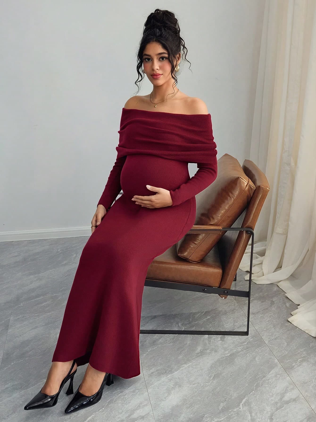 Momance Maternity Solid Color Off-Shoulder Long Sleeve Fitted Elegant Knit Dress, Autumn/Winter