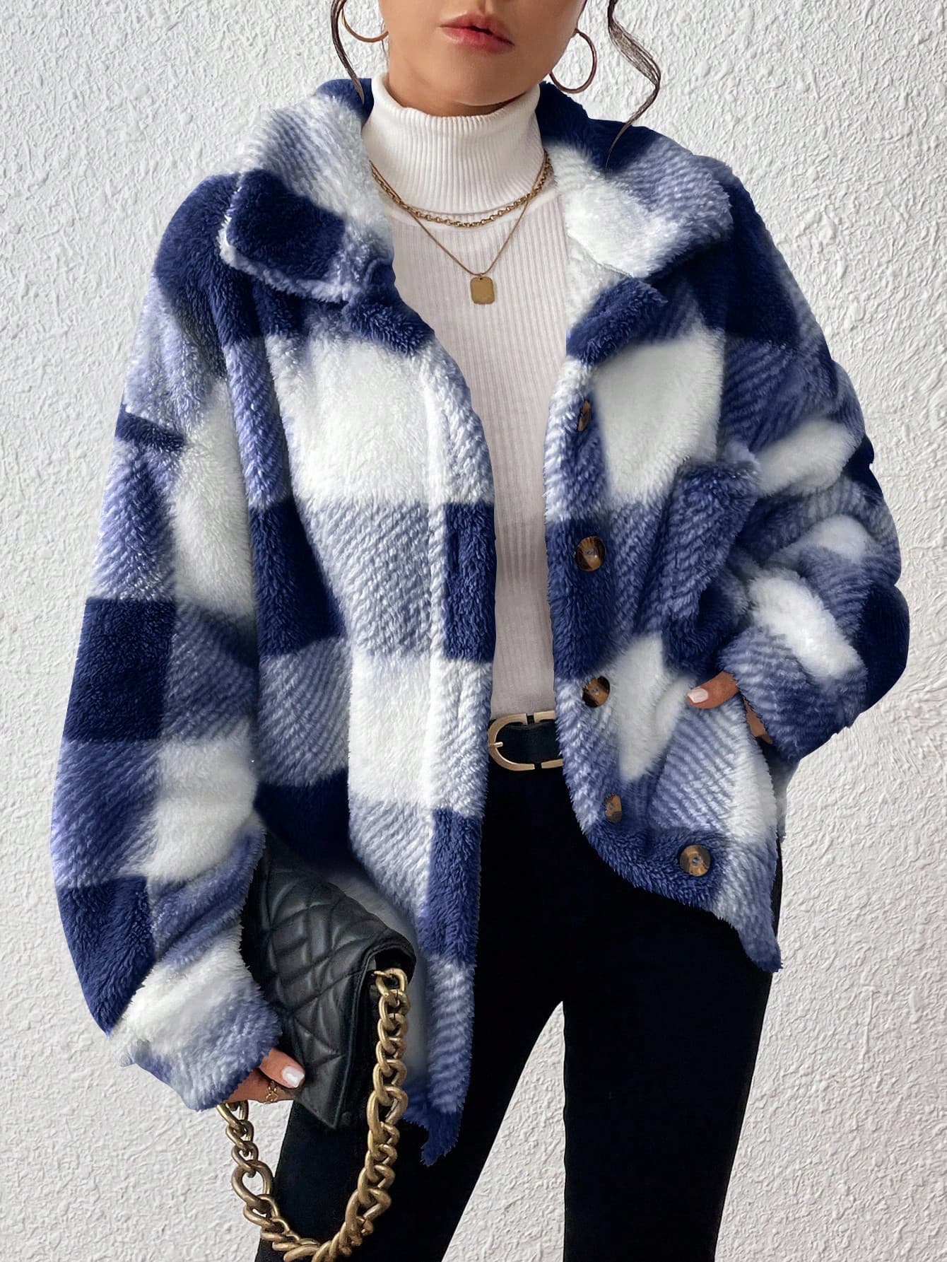 INAWLY Plus Size Plaid Print Button Front Long Sleeve Jacket, Autumn/Winter